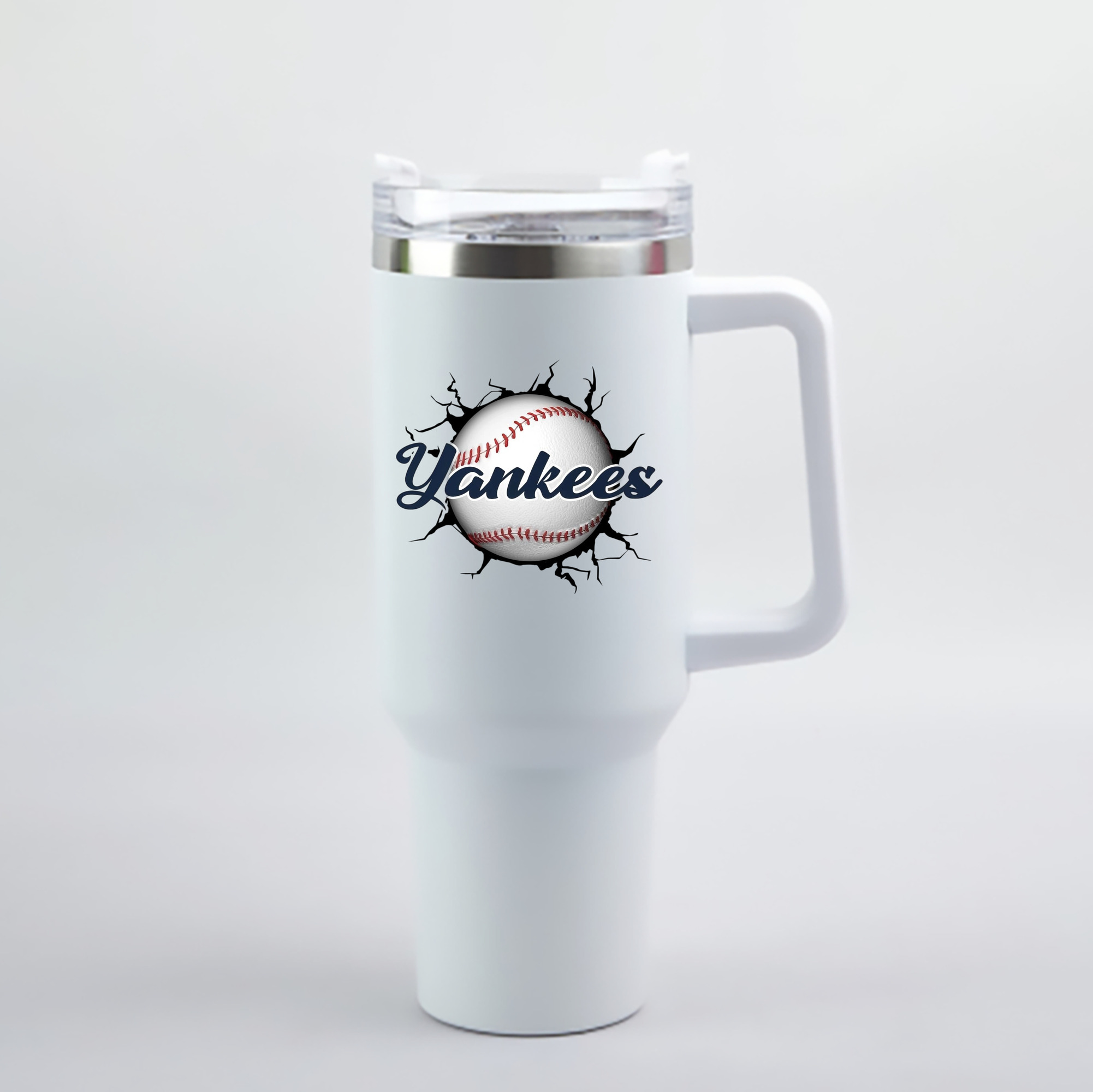 Yankees Baseball Wall And Art 40oz Handle Car Cup With Crystal Sticker Design – Durable Stainless Steel Travel Mug With Reusable Straw – Double Wall Insulated