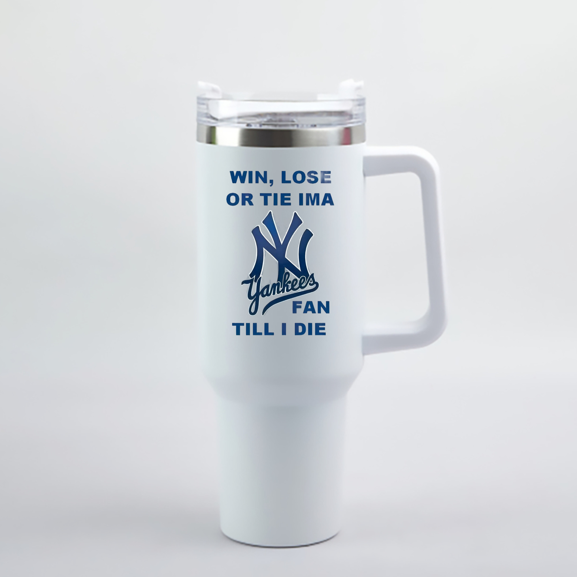 New York Yankees Win,Lose or Tie IMA Fan Till I Die 40oz Handle Car Cup With Crystal Sticker Design – Durable Stainless Steel Travel Mug With Reusable Straw – Double Wall Insulated