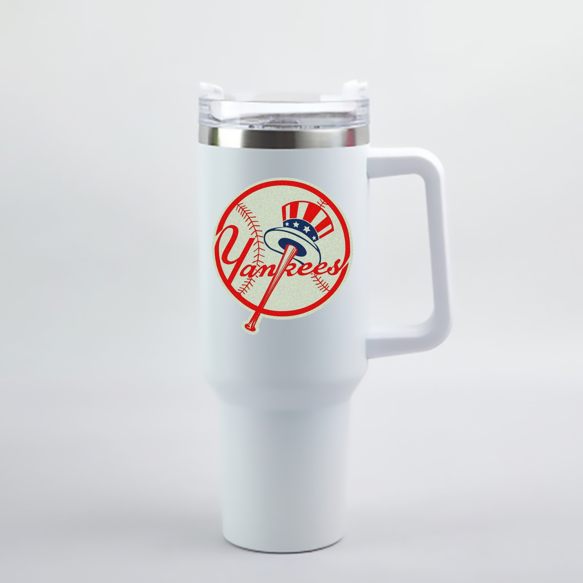 New York Yankees Logo 40oz Handle Car Cup With Crystal Sticker Design – Durable Stainless Steel Travel Mug With Reusable Straw – Double Wall Insulated