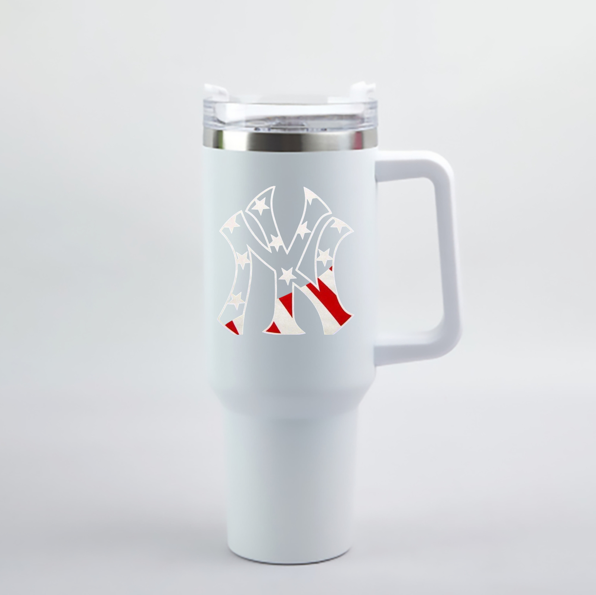 New York Yankees Logo USA 40oz Handle Car Cup With Crystal Sticker Design – Durable Stainless Steel Travel Mug With Reusable Straw – Double Wall Insulated