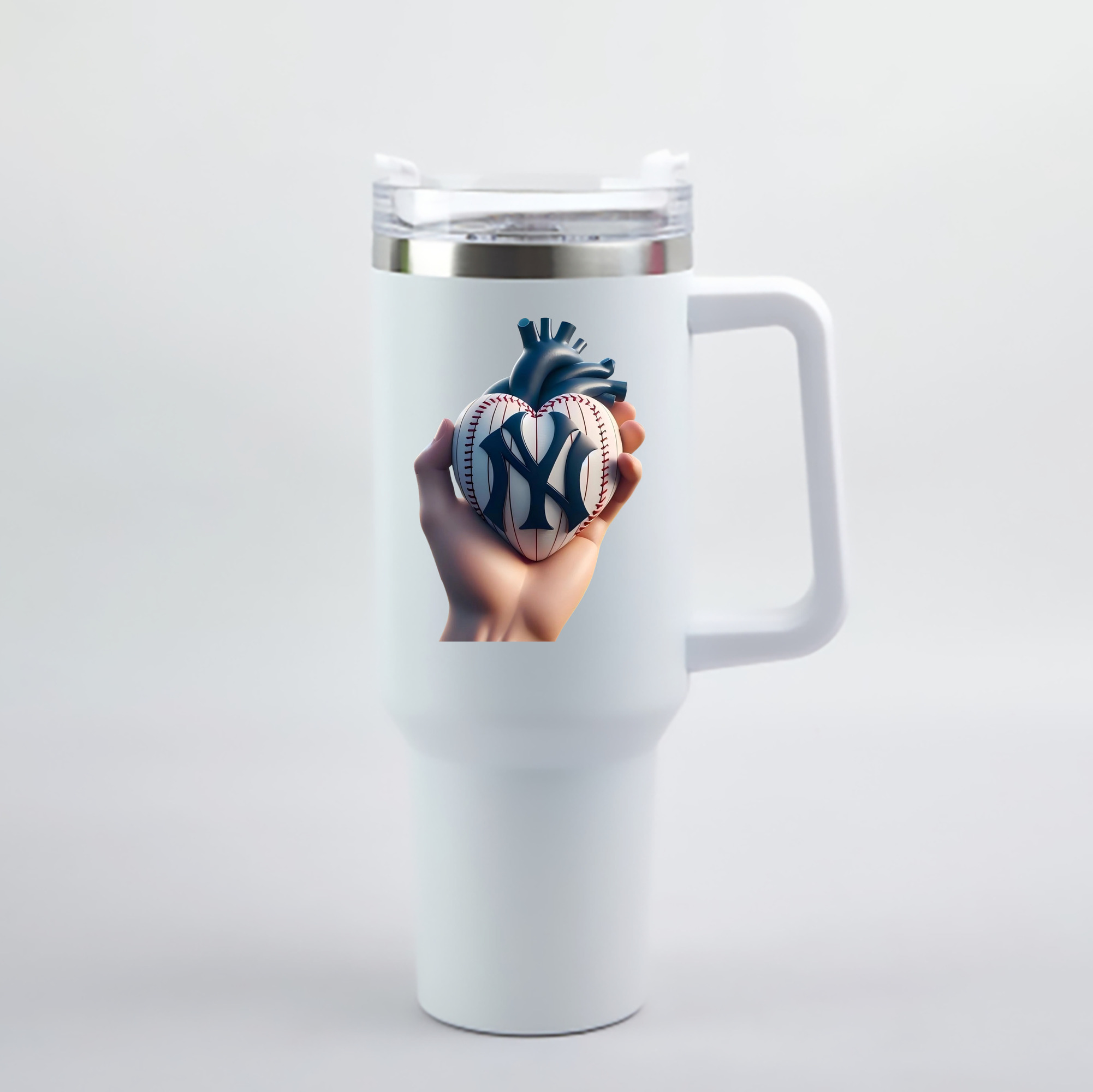 New York Yankees Heart 40oz Handle Car Cup With Crystal Sticker Design – Durable Stainless Steel Travel Mug With Reusable Straw – Double Wall Insulated