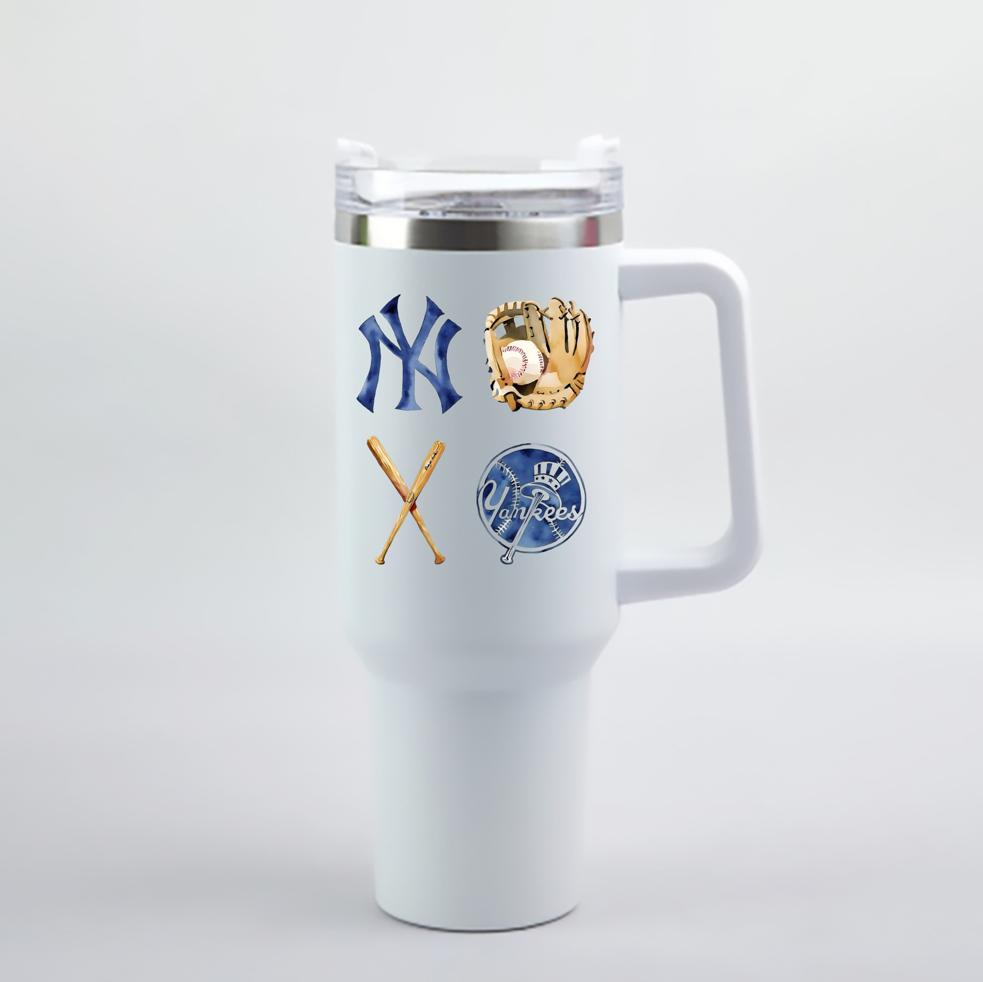New York Yankees Baseball 40oz Handle Car Cup With Crystal Sticker Design – Durable Stainless Steel Travel Mug With Reusable Straw – Double Wall Insulated
