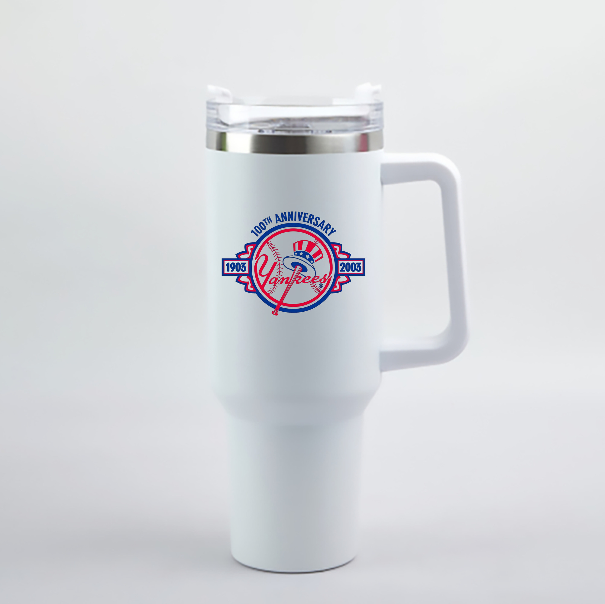 New York Yankees 100th Anniversary 1903-2003 40oz Handle Car Cup With Crystal Sticker Design – Durable Stainless Steel Travel Mug With Reusable Straw – Double Wall Insulated