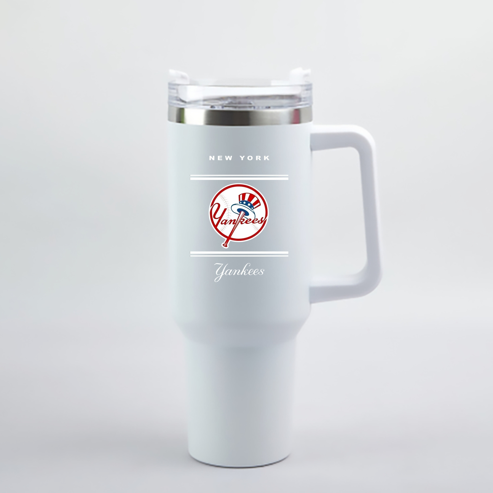 New York Yankees Logo 40oz Handle Car Cup With Crystal Sticker Design – Durable Stainless Steel Travel Mug With Reusable Straw – Double Wall Insulated
