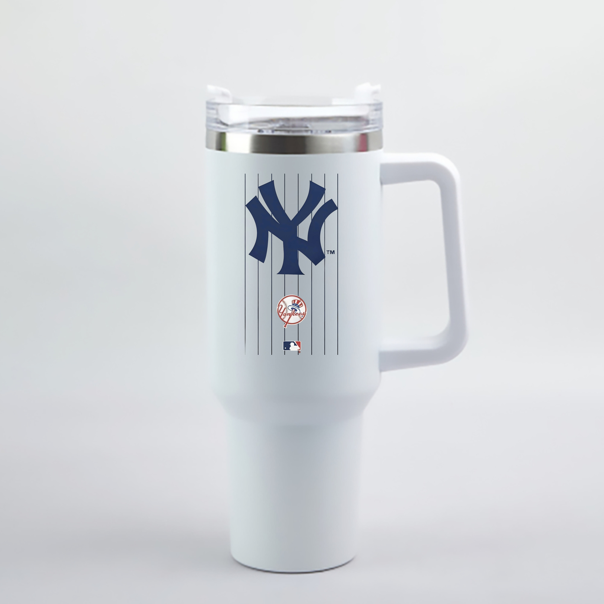 New York Yankees Pinstripe Logo 40oz Handle Car Cup With Crystal Sticker Design – Durable Stainless Steel Travel Mug With Reusable Straw – Double Wall Insulated