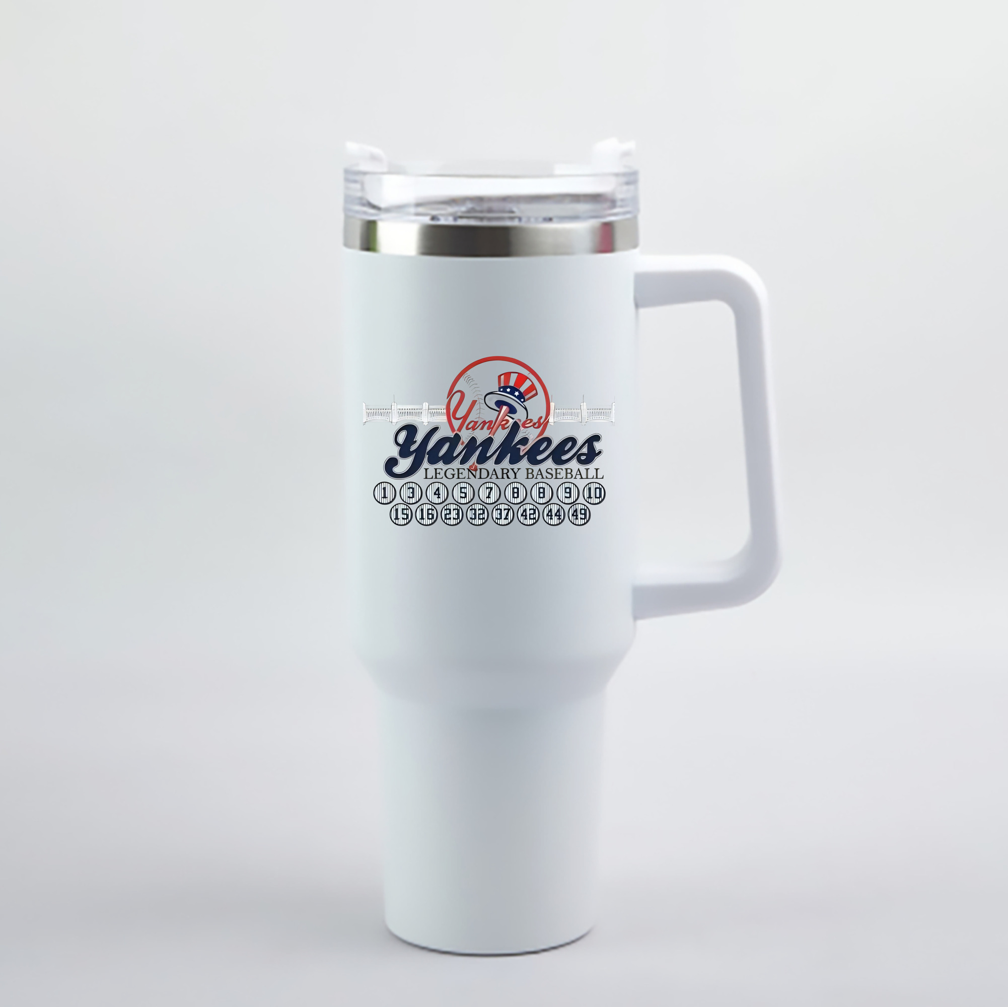 New York Yankees Legendary Baseball 40oz Handle Car Cup With Crystal Sticker Design – Durable Stainless Steel Travel Mug With Reusable Straw – Double Wall Insulated