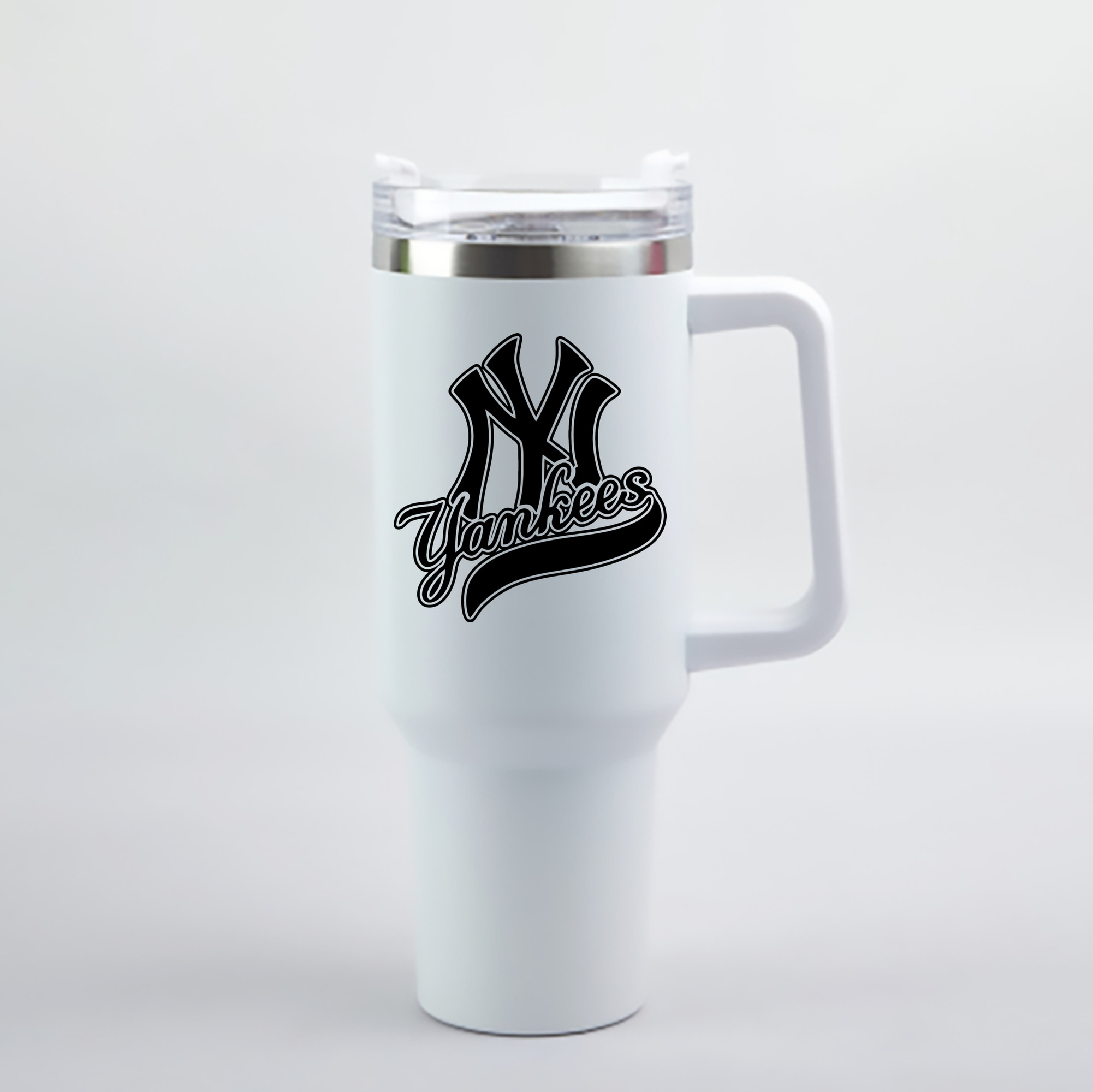New York Yankees Black Logo 40oz Handle Car Cup With Crystal Sticker Design – Durable Stainless Steel Travel Mug With Reusable Straw – Double Wall Insulated