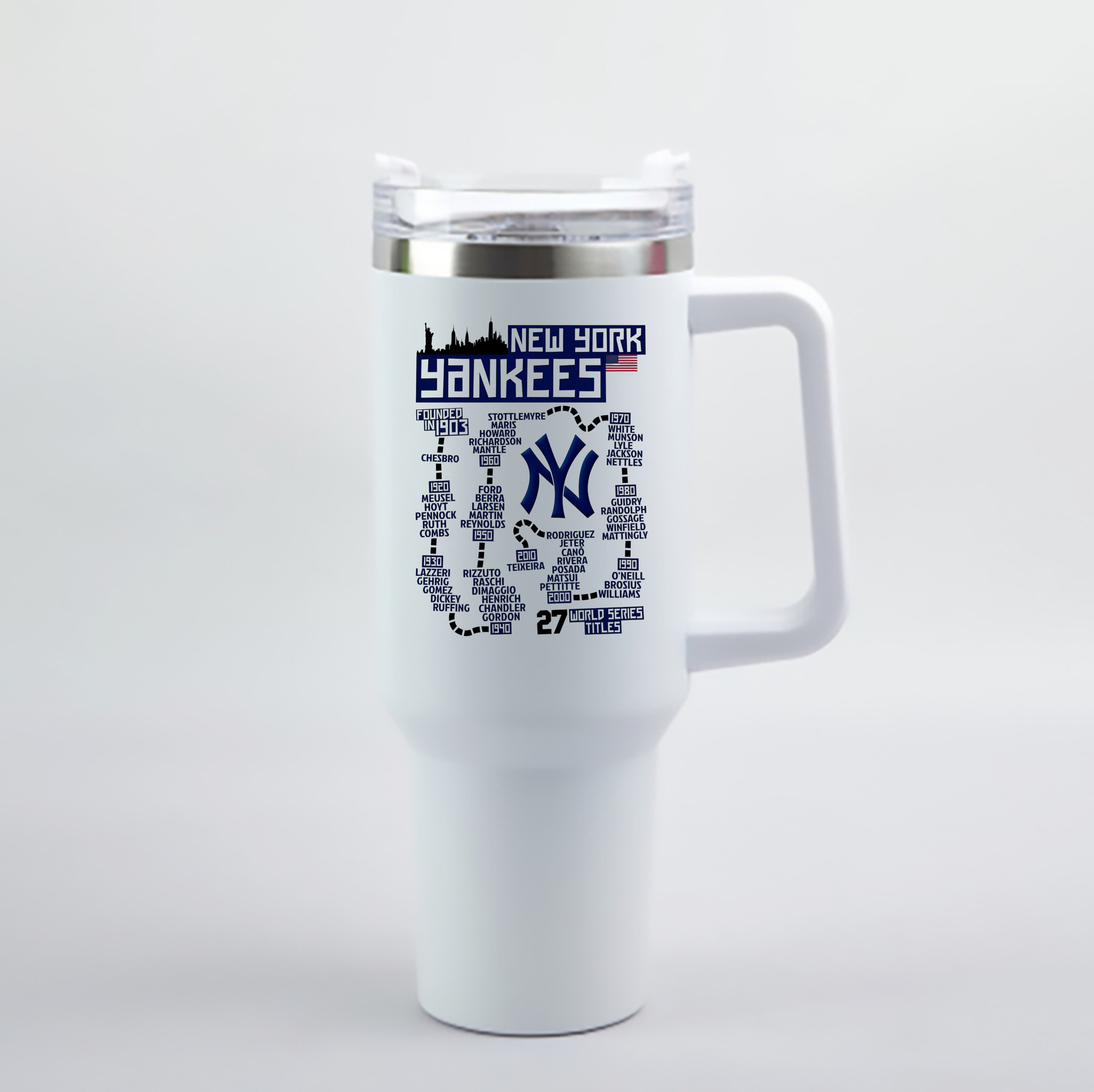 New York Yankees 27 World Series Titles 40oz Handle Car Cup With Crystal Sticker Design – Durable Stainless Steel Travel Mug With Reusable Straw – Double Wall Insulated
