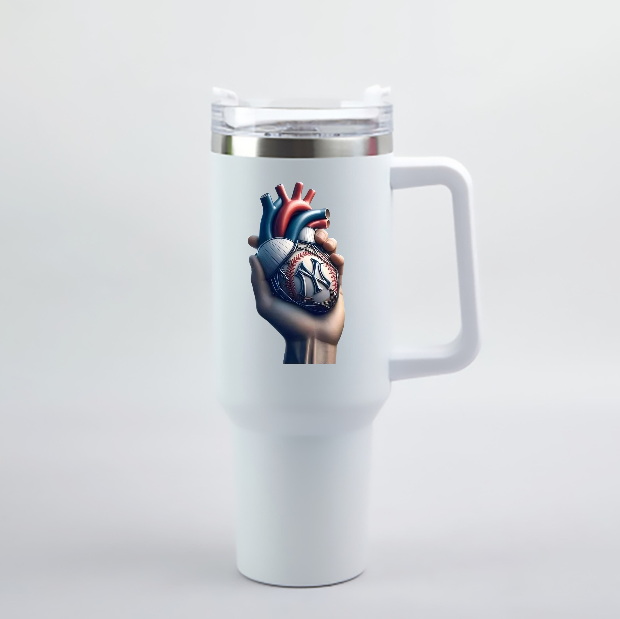 New York Yankees Heart 40oz Handle Car Cup With Crystal Sticker Design – Durable Stainless Steel Travel Mug With Reusable Straw – Double Wall Insulated