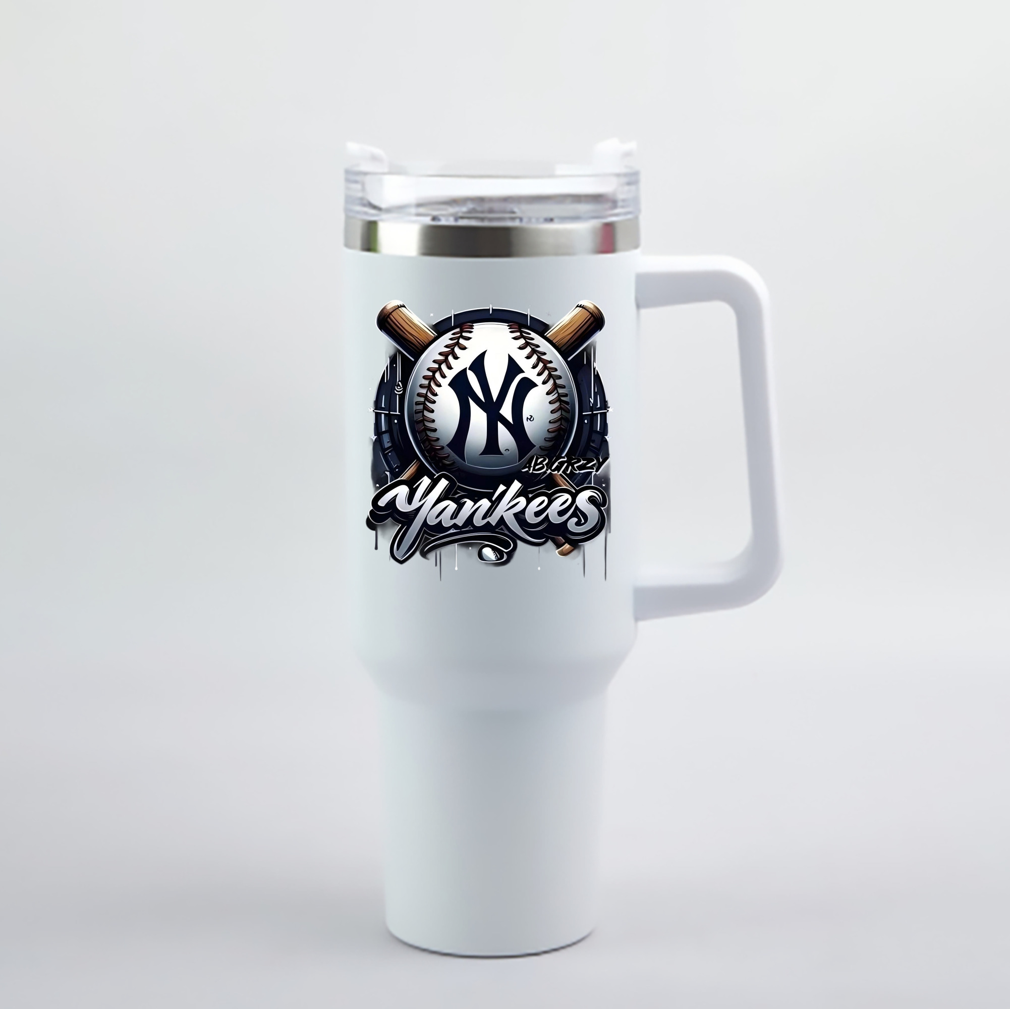 New York Yankees Baseball 40oz Handle Car Cup With Crystal Sticker Design – Durable Stainless Steel Travel Mug With Reusable Straw – Double Wall Insulated