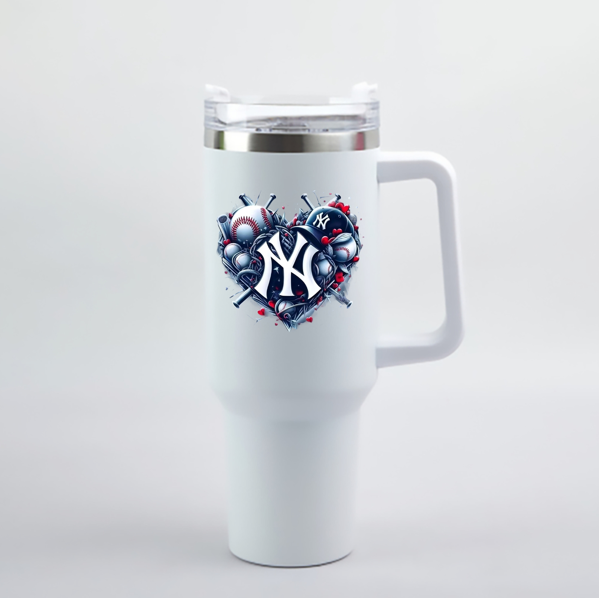 New York Yankees Heart 40oz Handle Car Cup With Crystal Sticker Design – Durable Stainless Steel Travel Mug With Reusable Straw – Double Wall Insulated