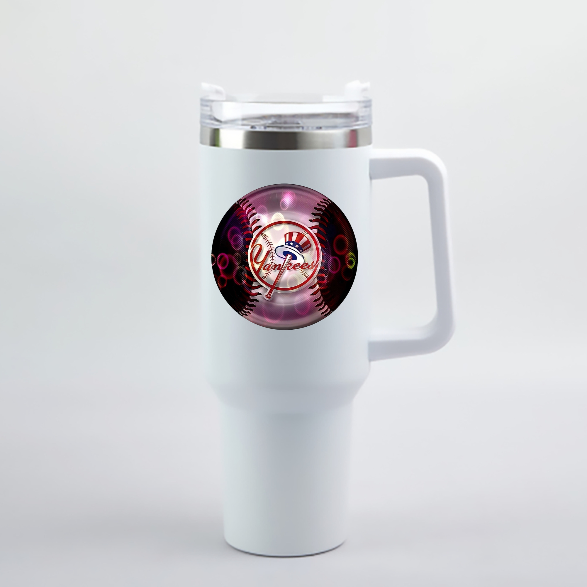 New York Yankees Colorful Logo 40oz Handle Car Cup With Crystal Sticker Design – Durable Stainless Steel Travel Mug With Reusable Straw – Double Wall Insulated