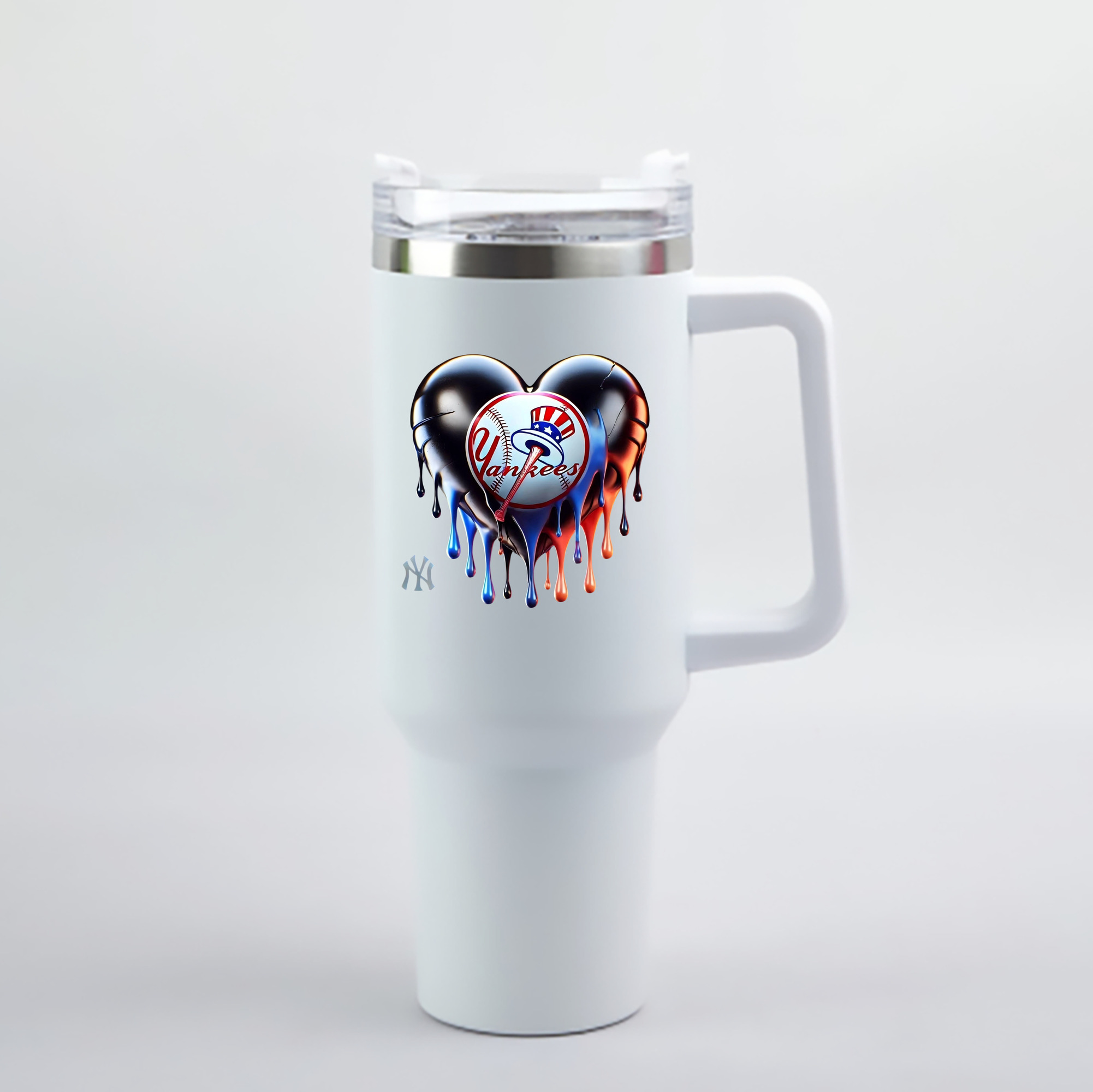 New York Yankees Heart 40oz Handle Car Cup With Crystal Sticker Design – Durable Stainless Steel Travel Mug With Reusable Straw – Double Wall Insulated