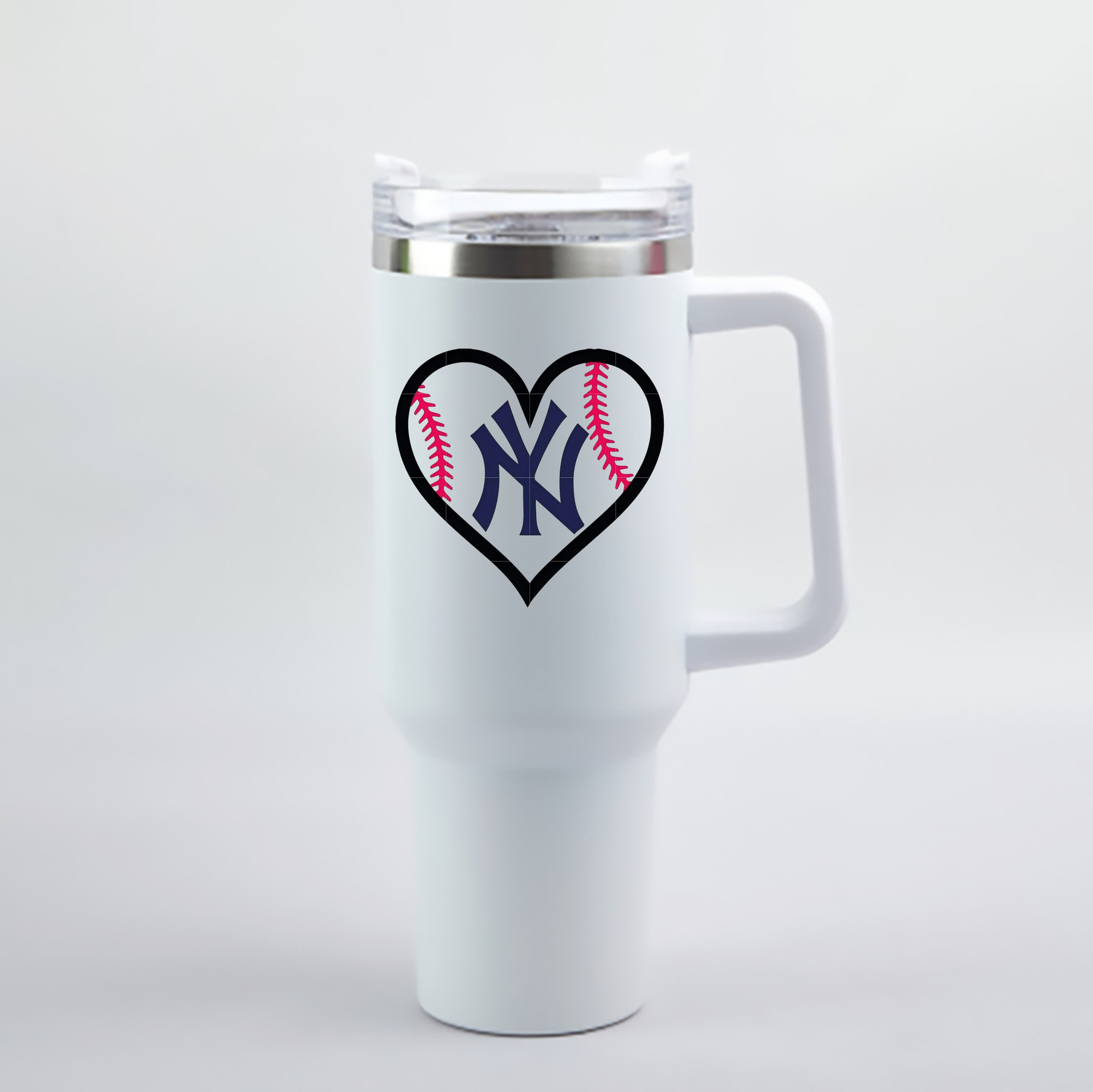 New York Yankees Heart 40oz Handle Car Cup With Crystal Sticker Design – Durable Stainless Steel Travel Mug With Reusable Straw – Double Wall Insulated