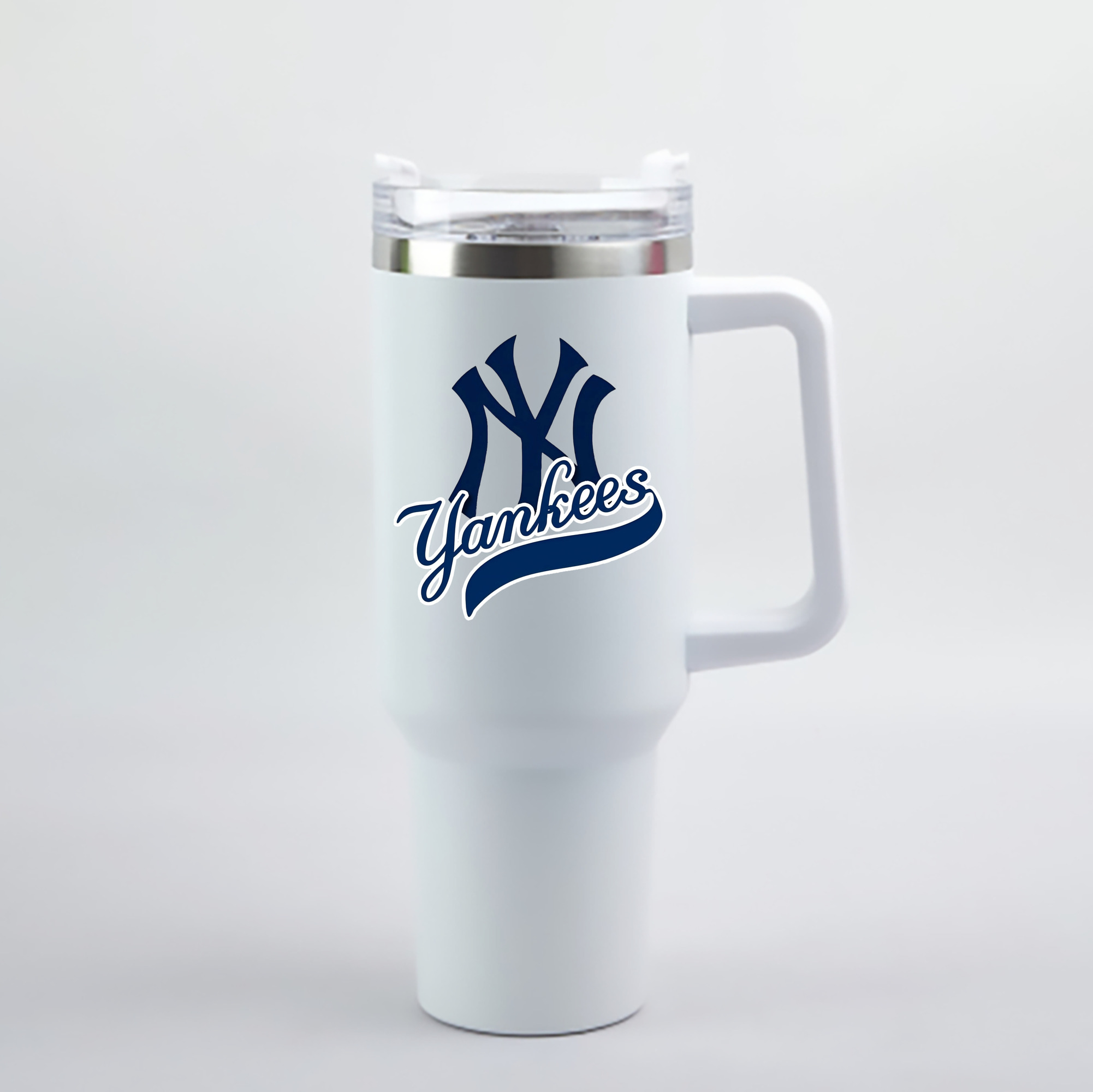 New York Yankees Blue Logo 40oz Handle Car Cup With Crystal Sticker Design – Durable Stainless Steel Travel Mug With Reusable Straw – Double Wall Insulated