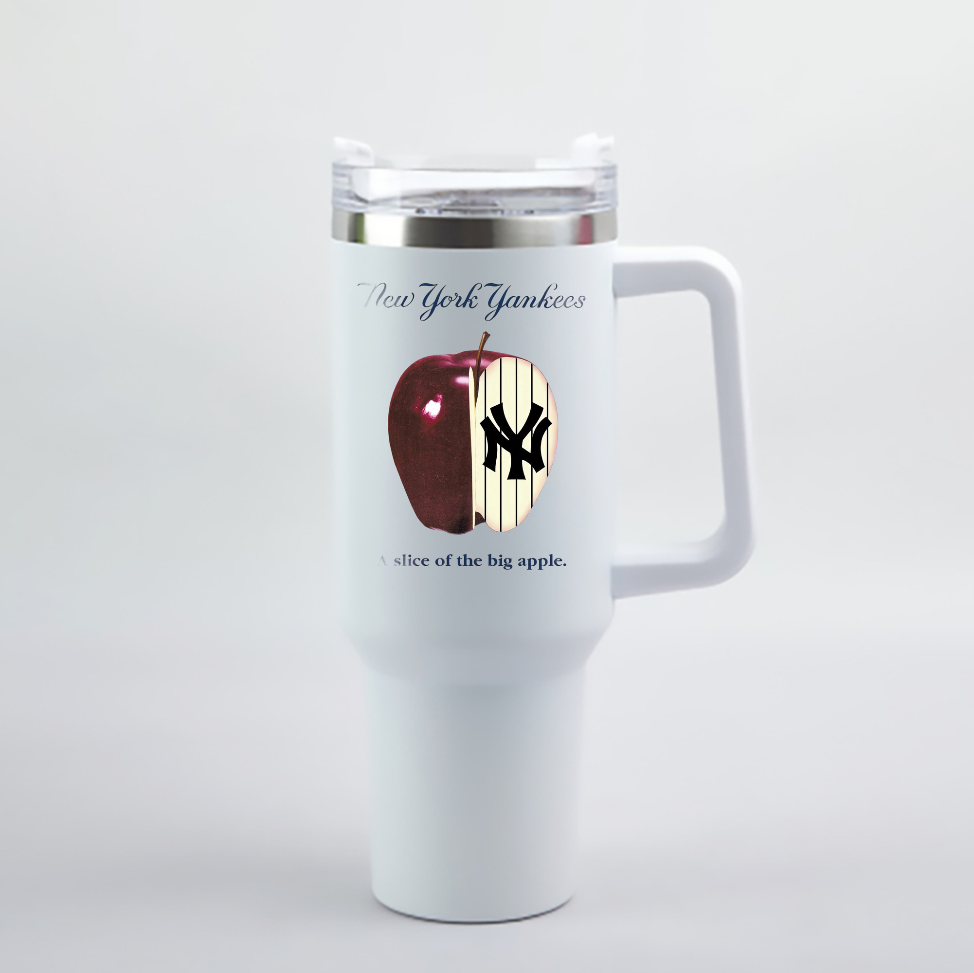 New York Yankees A Slice of The Big Apple 40oz Handle Car Cup With Crystal Sticker Design – Durable Stainless Steel Travel Mug With Reusable Straw – Double Wall Insulated