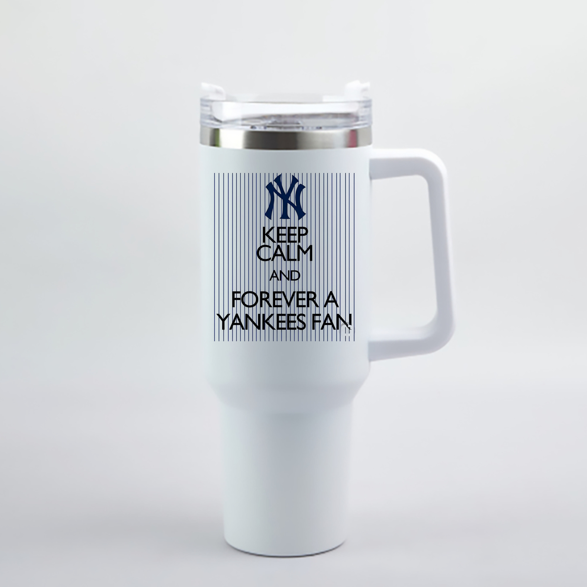 New York Yankees Keep Calm and Forever A Yankees Fan 40oz Handle Car Cup With Crystal Sticker Design – Durable Stainless Steel Travel Mug With Reusable Straw – Double Wall Insulated