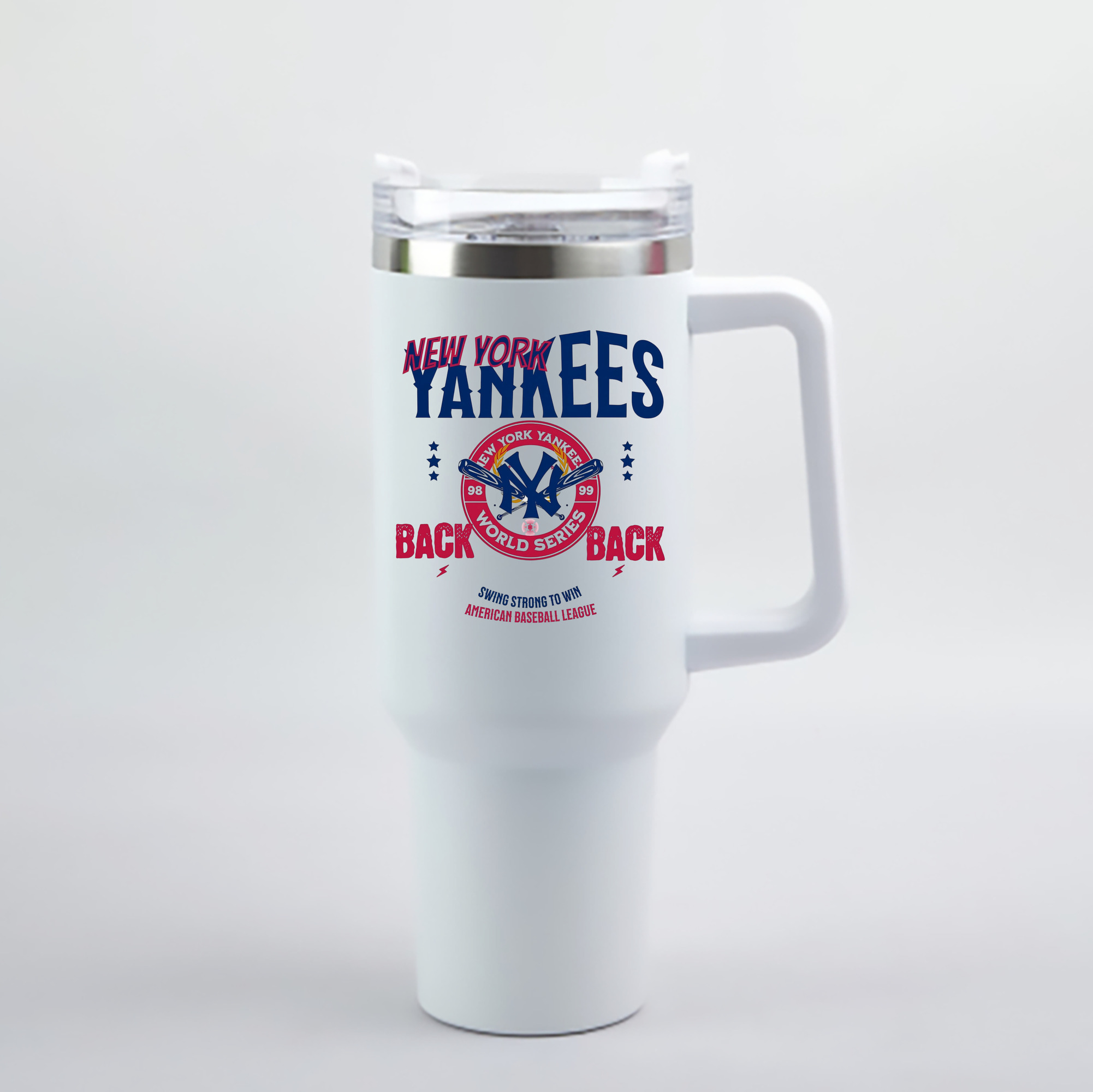 New York Yankees WS Back 2 Back 98-99 40oz Handle Car Cup With Crystal Sticker Design – Durable Stainless Steel Travel Mug With Reusable Straw – Double Wall Insulated