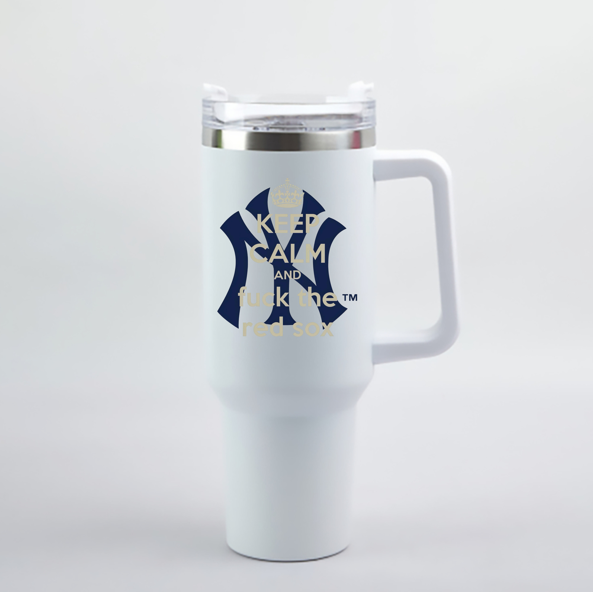 New York Yankees Keep Calm and Fuck The Red Sox 40oz Handle Car Cup With Crystal Sticker Design – Durable Stainless Steel Travel Mug With Reusable Straw – Double Wall Insulated