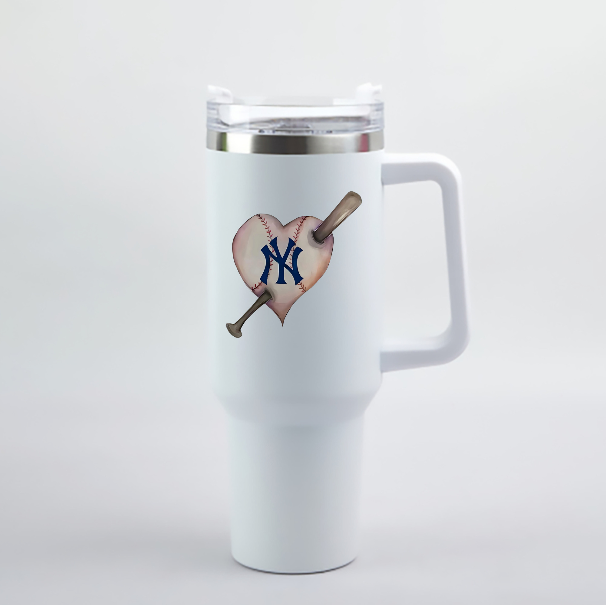 New York Yankees Heart 40oz Handle Car Cup With Crystal Sticker Design – Durable Stainless Steel Travel Mug With Reusable Straw – Double Wall Insulated