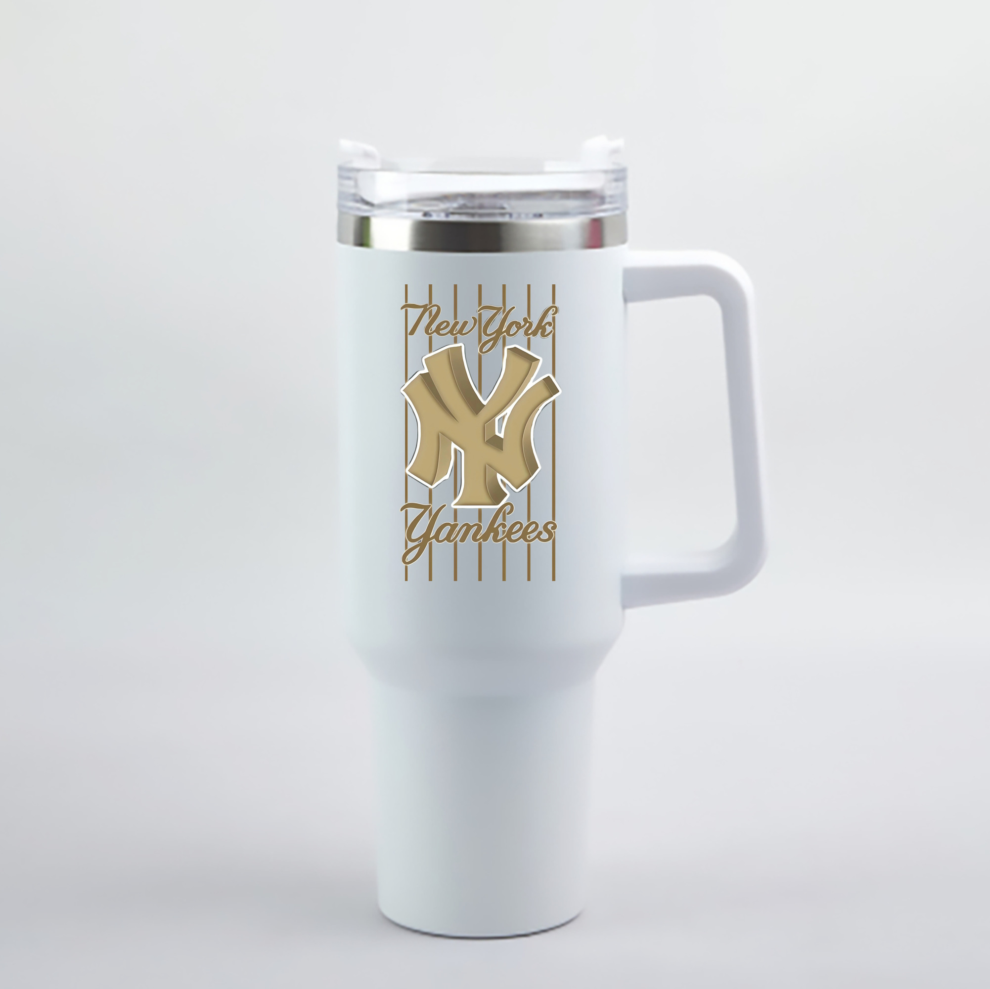 New York Yankees Pinstripe Golden Logo 40oz Handle Car Cup With Crystal Sticker Design – Durable Stainless Steel Travel Mug With Reusable Straw – Double Wall Insulated