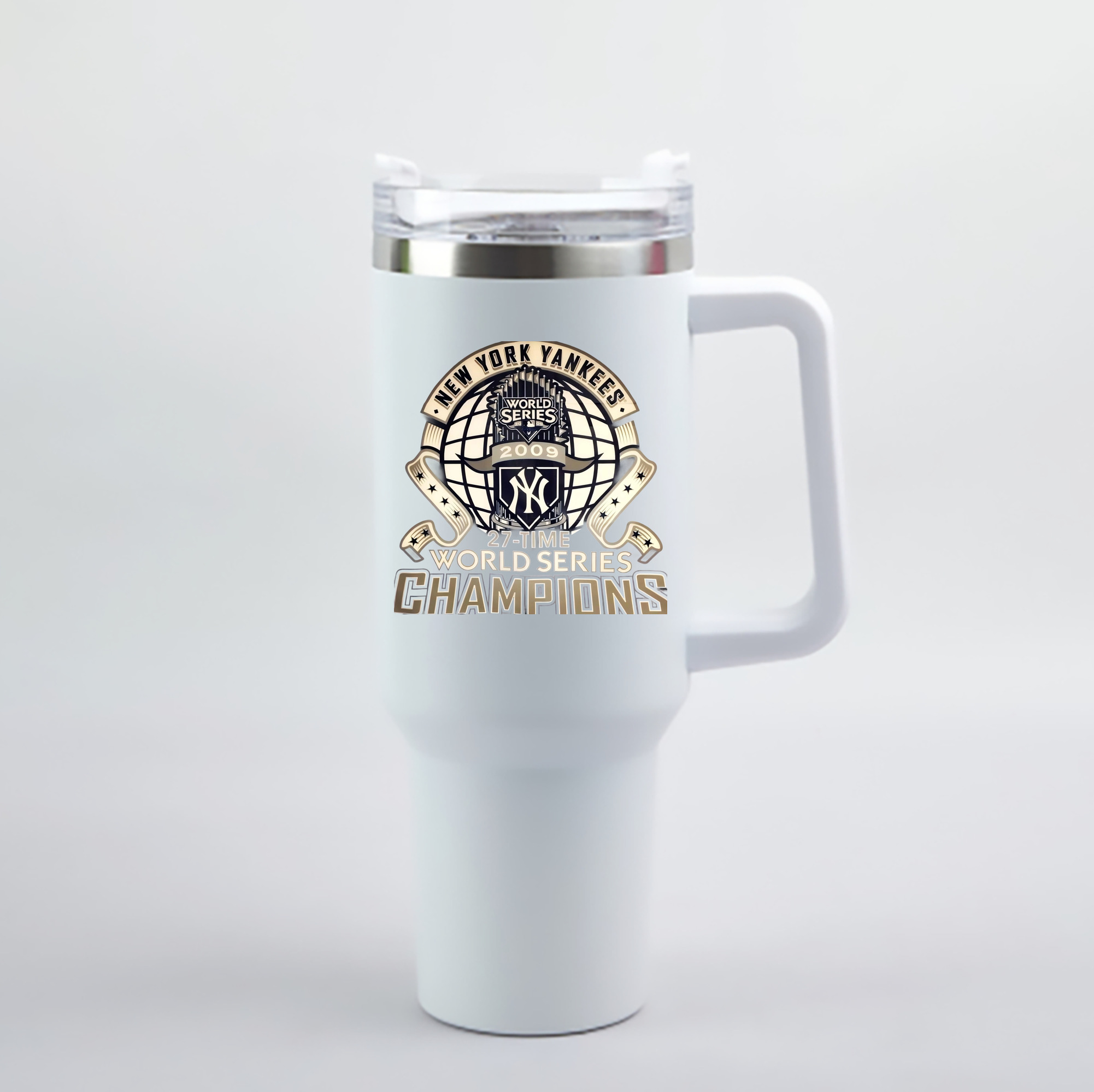 New York Yankees 2009 27th WS Champions Golden 40oz Handle Car Cup With Crystal Sticker Design – Durable Stainless Steel Travel Mug With Reusable Straw – Double Wall Insulated