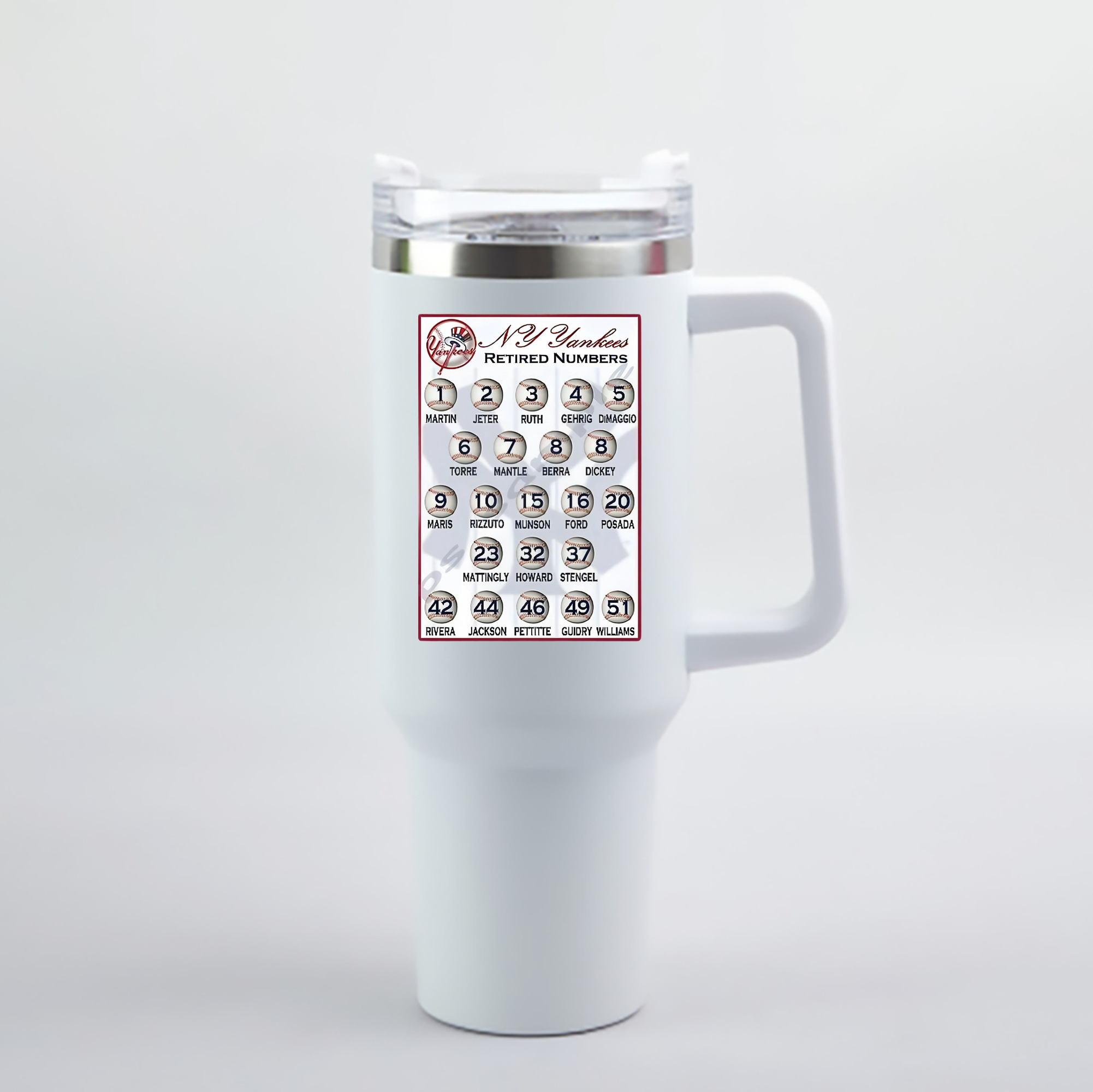 New York Yankees Retired Numbers 40oz Handle Car Cup With Crystal Sticker Design – Durable Stainless Steel Travel Mug With Reusable Straw – Double Wall Insulated