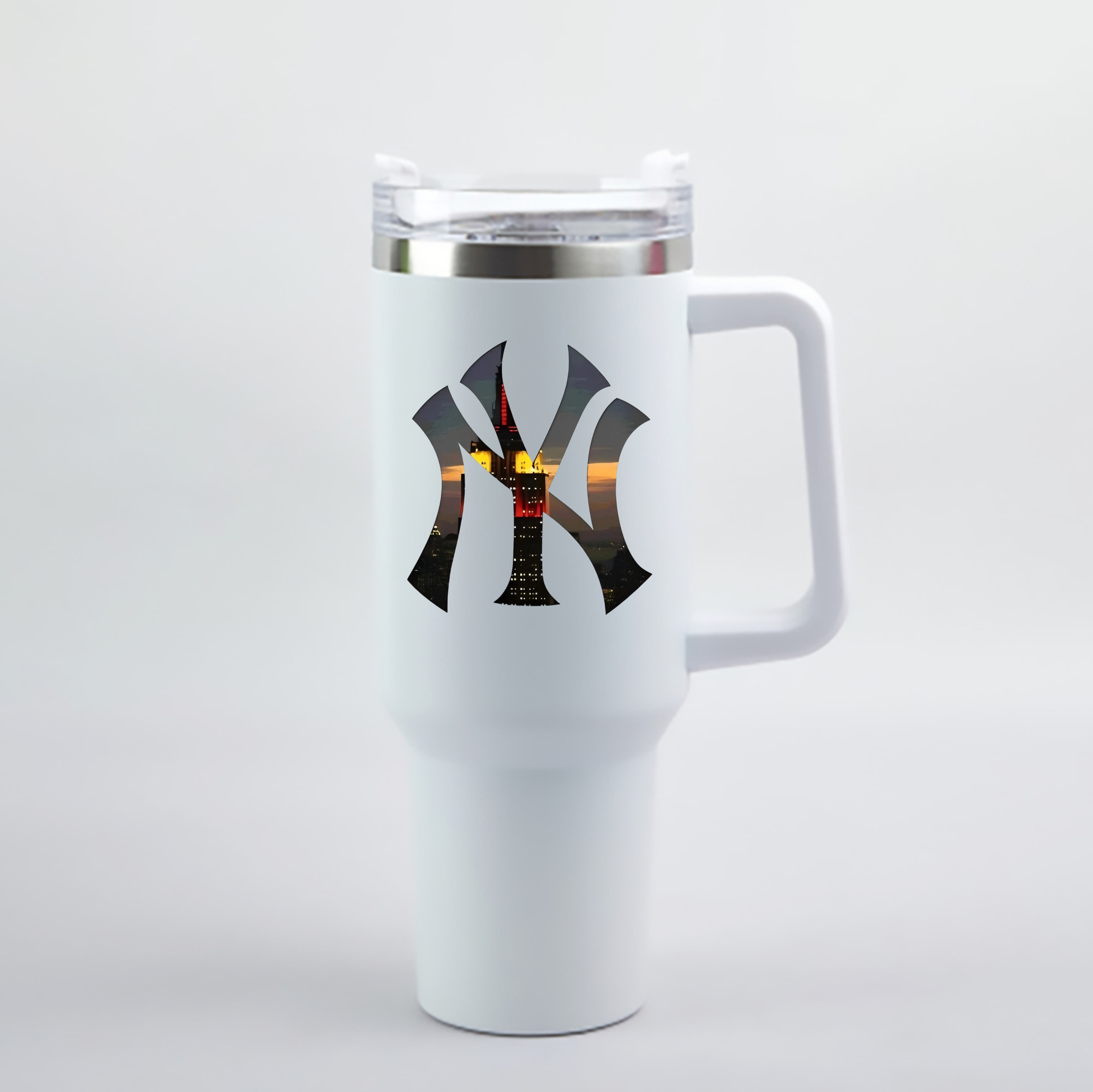 New York Yankees Logo New York Background 40oz Handle Car Cup With Crystal Sticker Design – Durable Stainless Steel Travel Mug With Reusable Straw – Double Wall Insulated