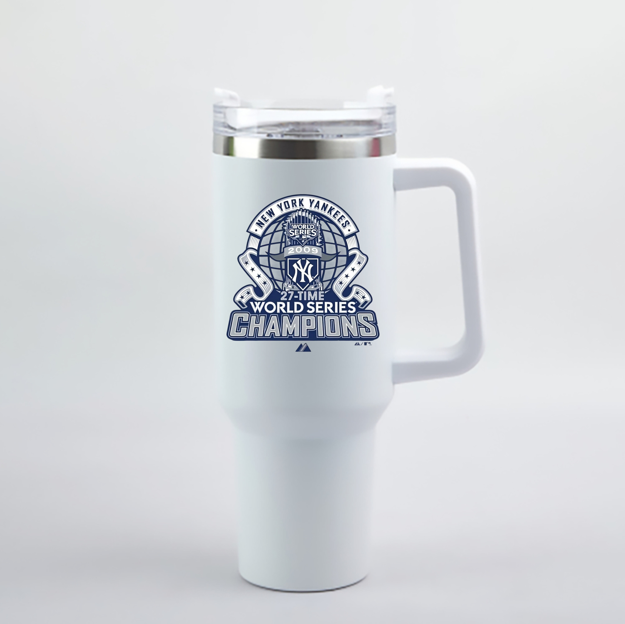 New York Yankees 2009 27th WS Champions Blue 40oz Handle Car Cup With Crystal Sticker Design – Durable Stainless Steel Travel Mug With Reusable Straw – Double Wall Insulated