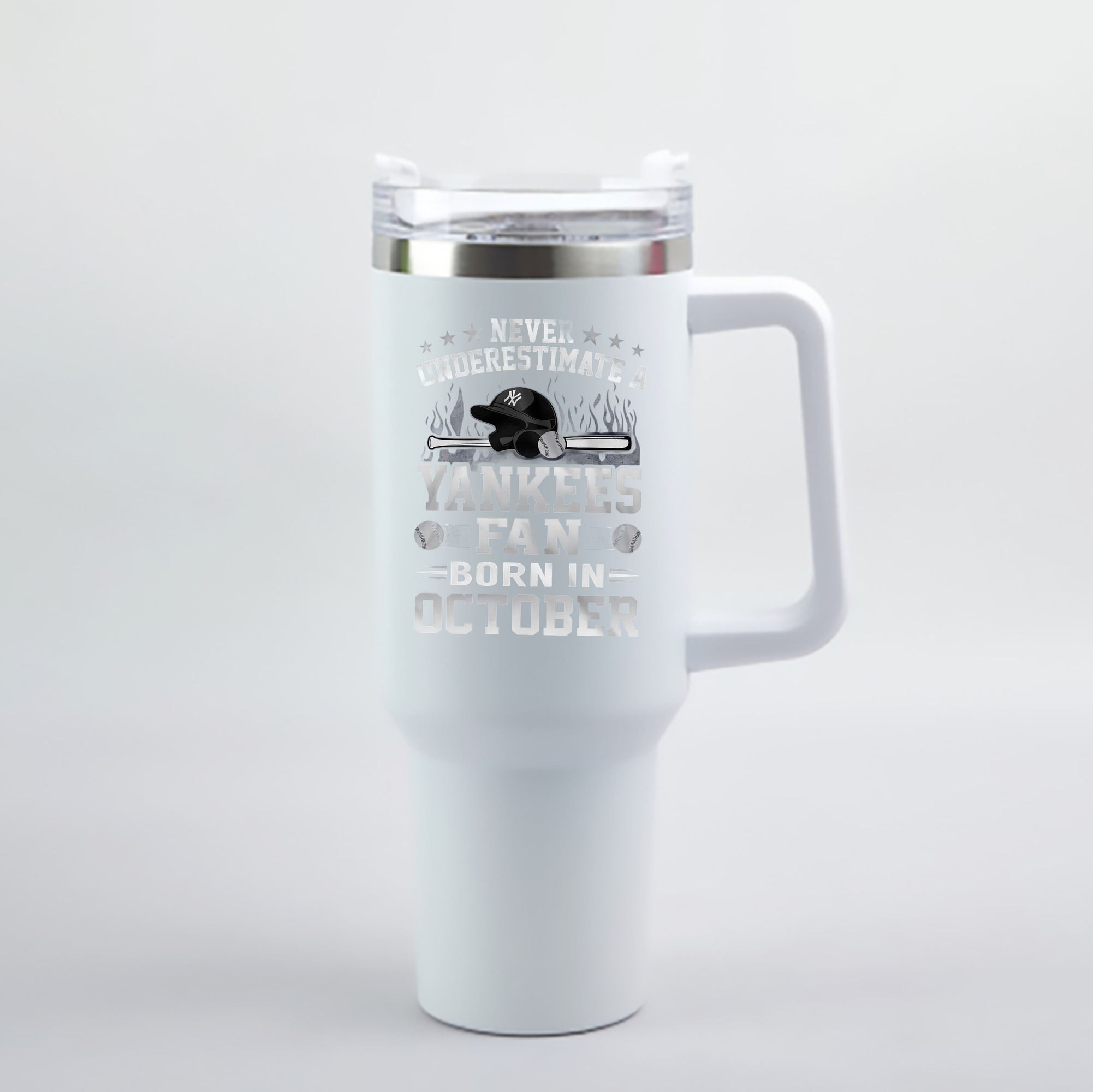 New York Yankees Never Underestimate A Yankees Fan Born in October 40oz Handle Car Cup With Crystal Sticker Design – Durable Stainless Steel Travel Mug With Reusable Straw – Double Wall Insulated