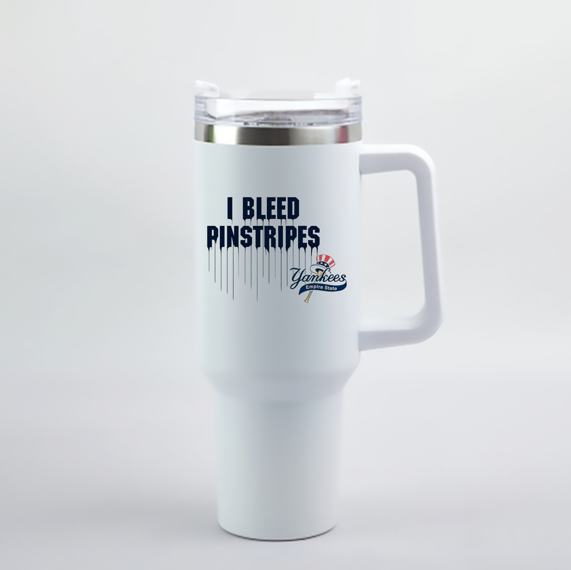 New York Yankees I Bleed Pinstripes 40oz Handle Car Cup With Crystal Sticker Design – Durable Stainless Steel Travel Mug With Reusable Straw – Double Wall Insulated