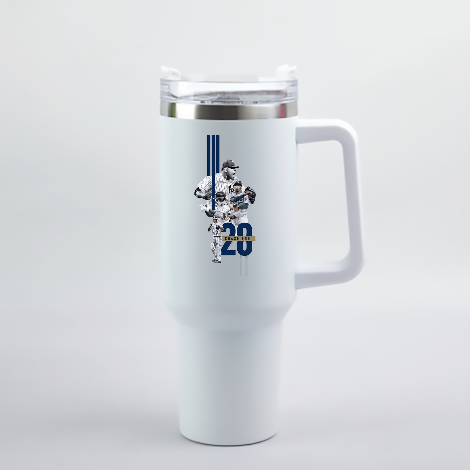 New York Yankees Chase For 28 40oz Handle Car Cup With Crystal Sticker Design – Durable Stainless Steel Travel Mug With Reusable Straw – Double Wall Insulated