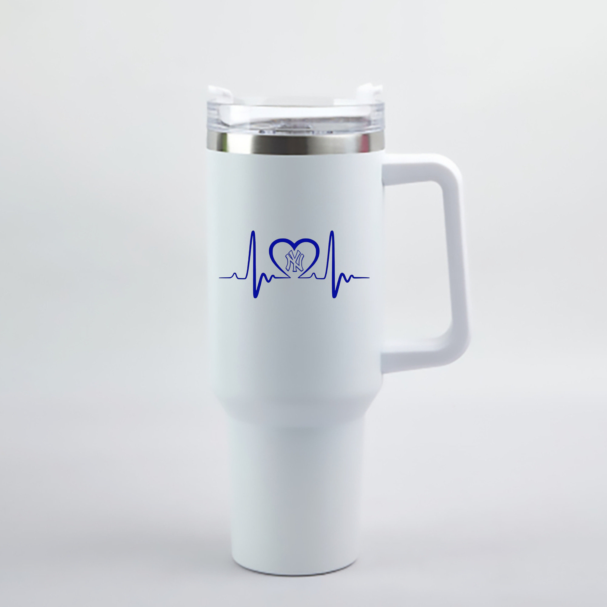 New York Yankees EKG Heart Line 40oz Handle Car Cup With Crystal Sticker Design – Durable Stainless Steel Travel Mug With Reusable Straw – Double Wall Insulated