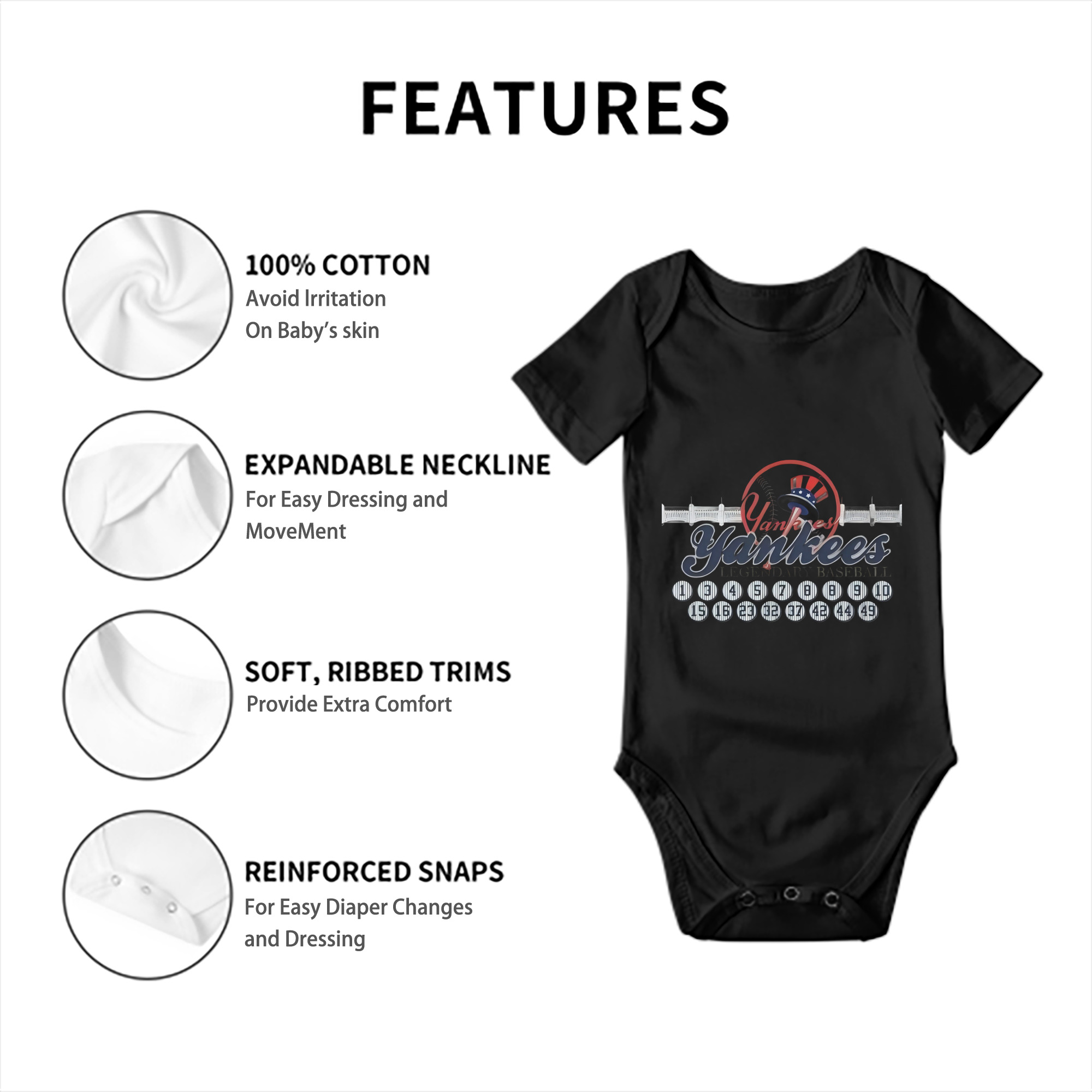 New York Yankees Legendary Baseball Baby Short Sleeve Romper – 100% Cotton Soft & Breathable Digital Print Onesie With Easy Snap Closure And Envelope Shoulder – Comfortable For Daily Wear & Travel