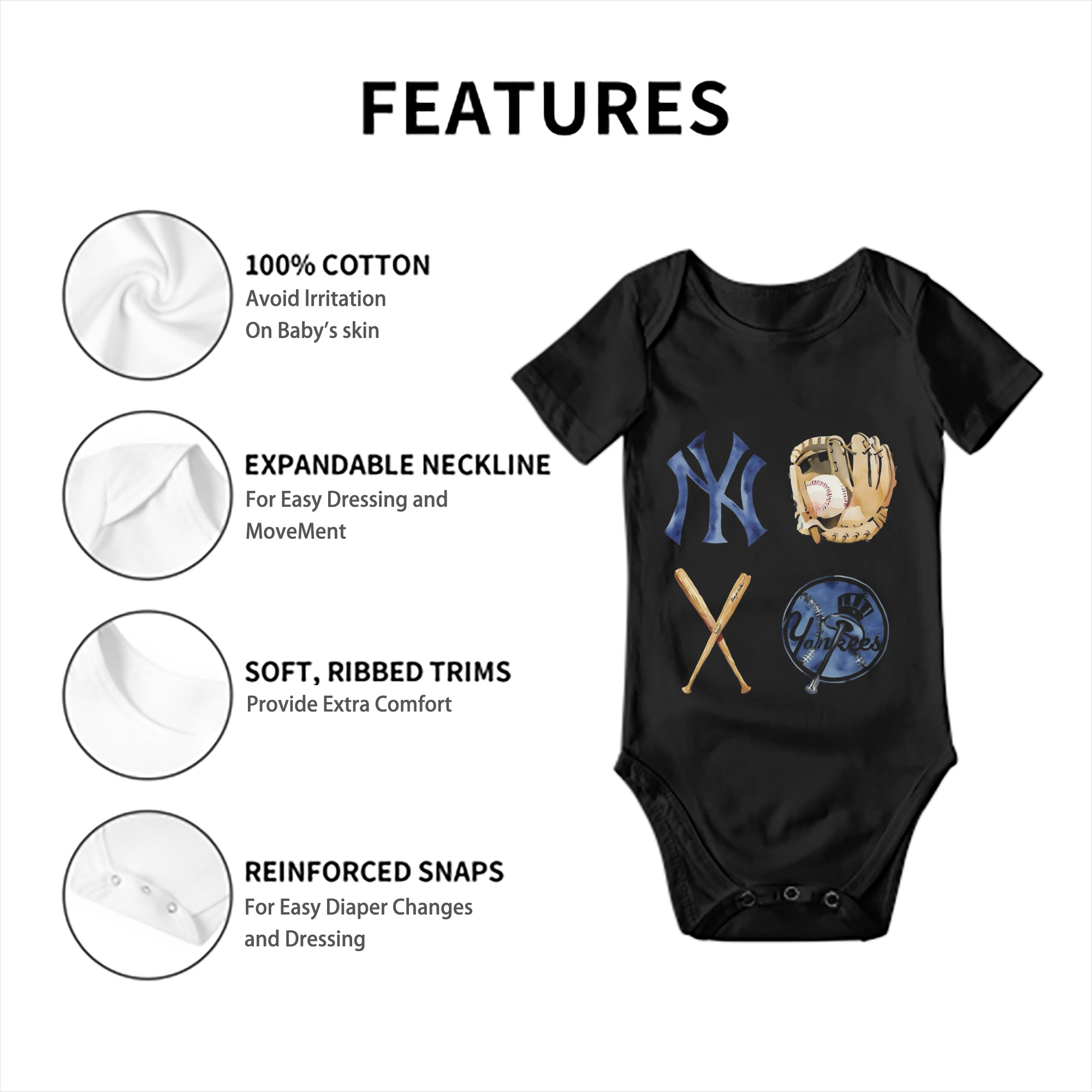 New York Yankees Baseball Baby Short Sleeve Romper – 100% Cotton Soft & Breathable Digital Print Onesie With Easy Snap Closure And Envelope Shoulder – Comfortable For Daily Wear & Travel