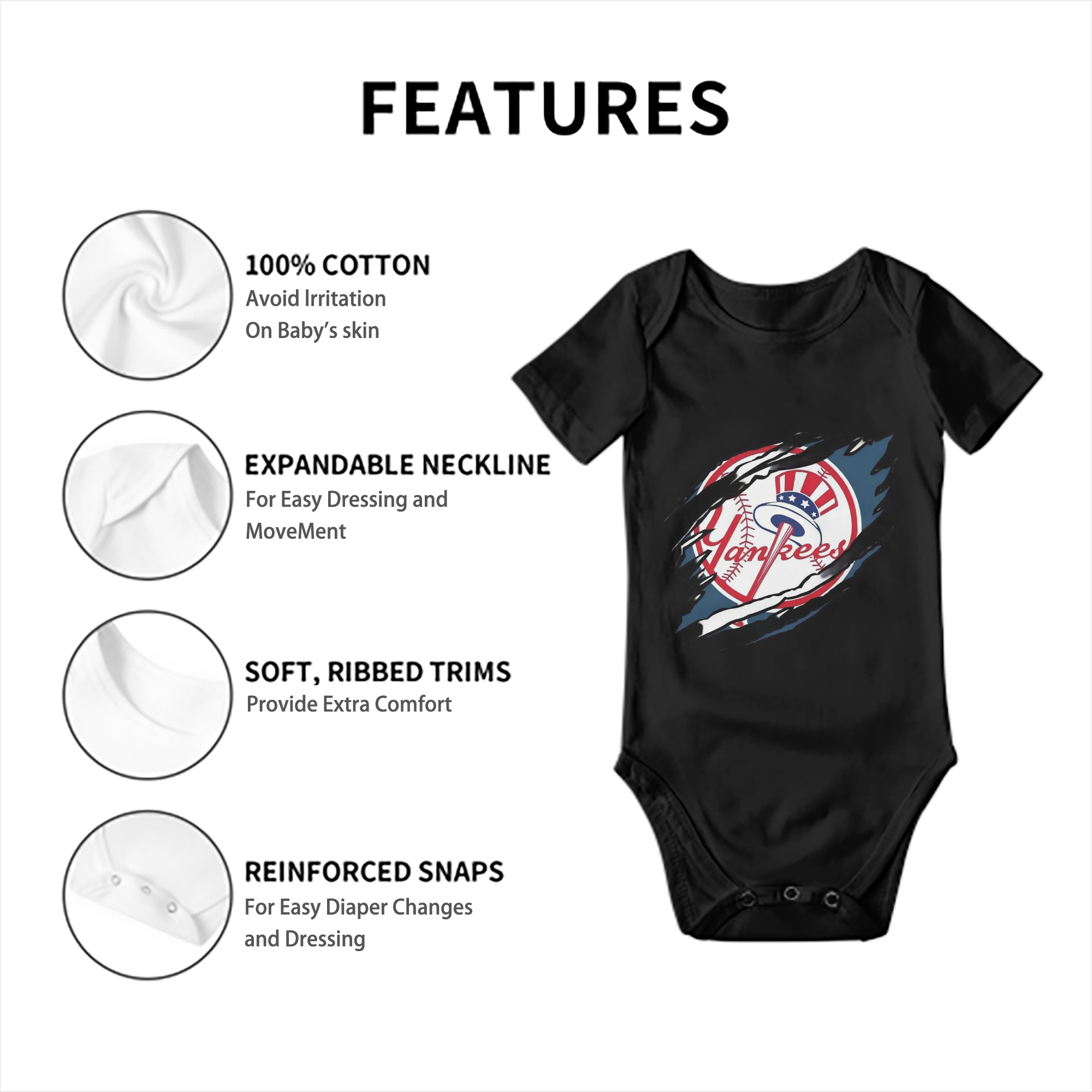 New York Yankees Claw Logo Baby Short Sleeve Romper – 100% Cotton Soft & Breathable Digital Print Onesie With Easy Snap Closure And Envelope Shoulder – Comfortable For Daily Wear & Travel