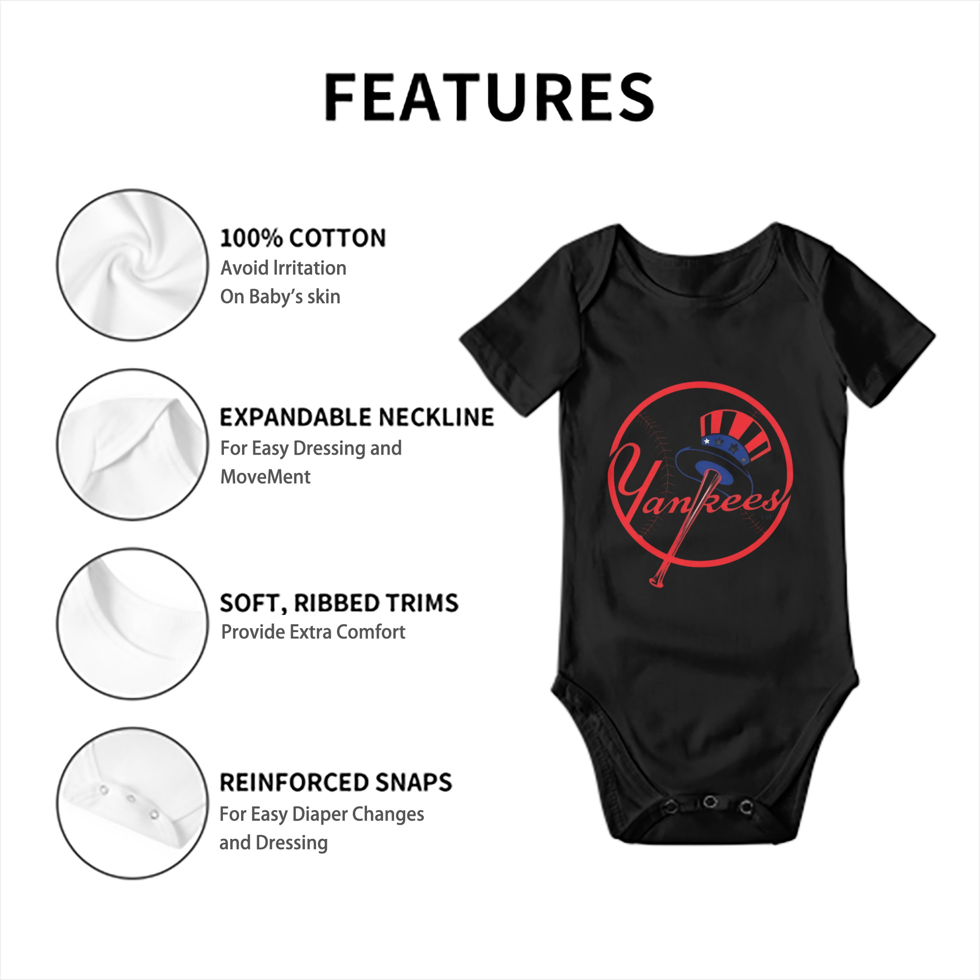 New York Yankees Logo Baby Short Sleeve Romper – 100% Cotton Soft & Breathable Digital Print Onesie With Easy Snap Closure And Envelope Shoulder – Comfortable For Daily Wear & Travel