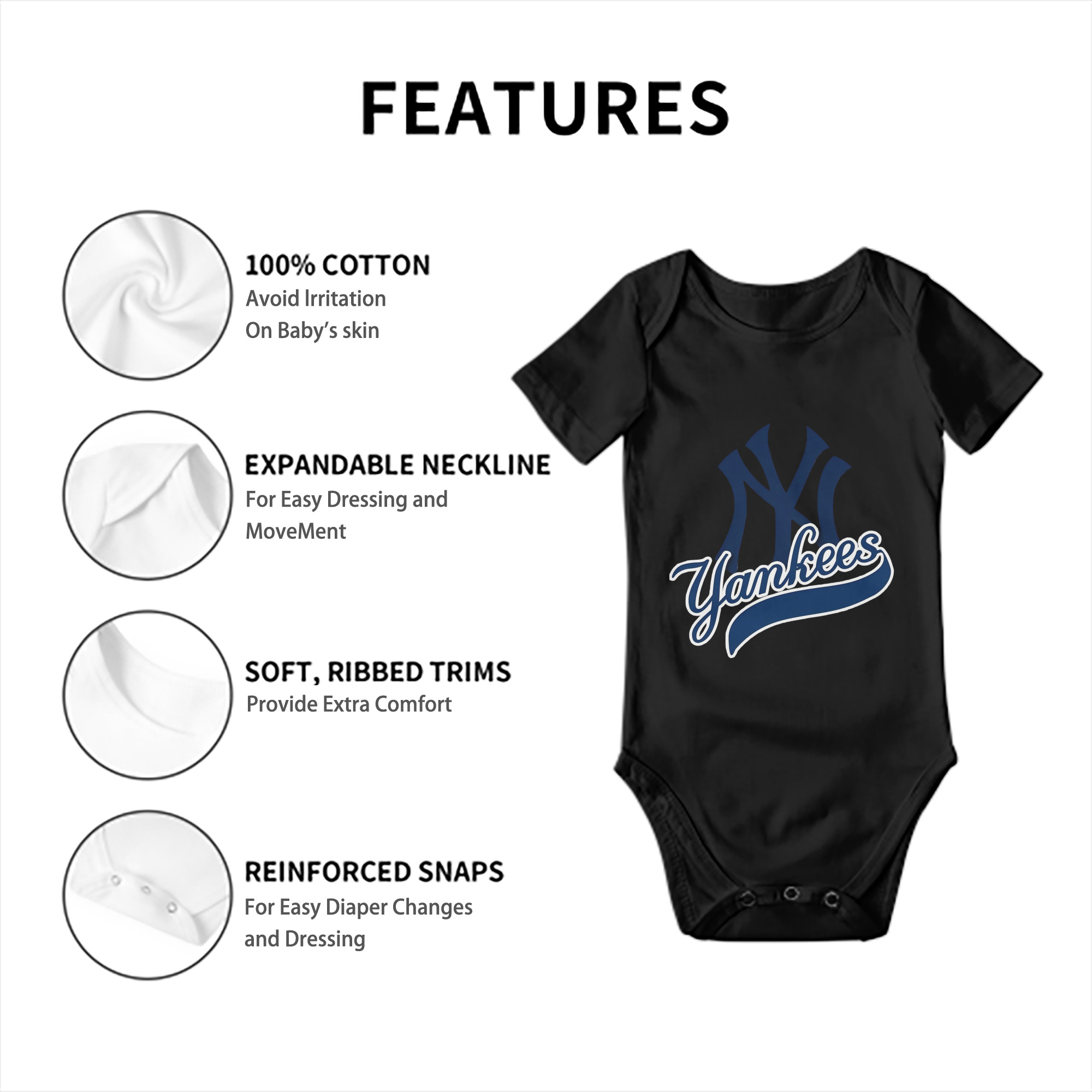 New York Yankees Blue Logo Baby Short Sleeve Romper – 100% Cotton Soft & Breathable Digital Print Onesie With Easy Snap Closure And Envelope Shoulder – Comfortable For Daily Wear & Travel
