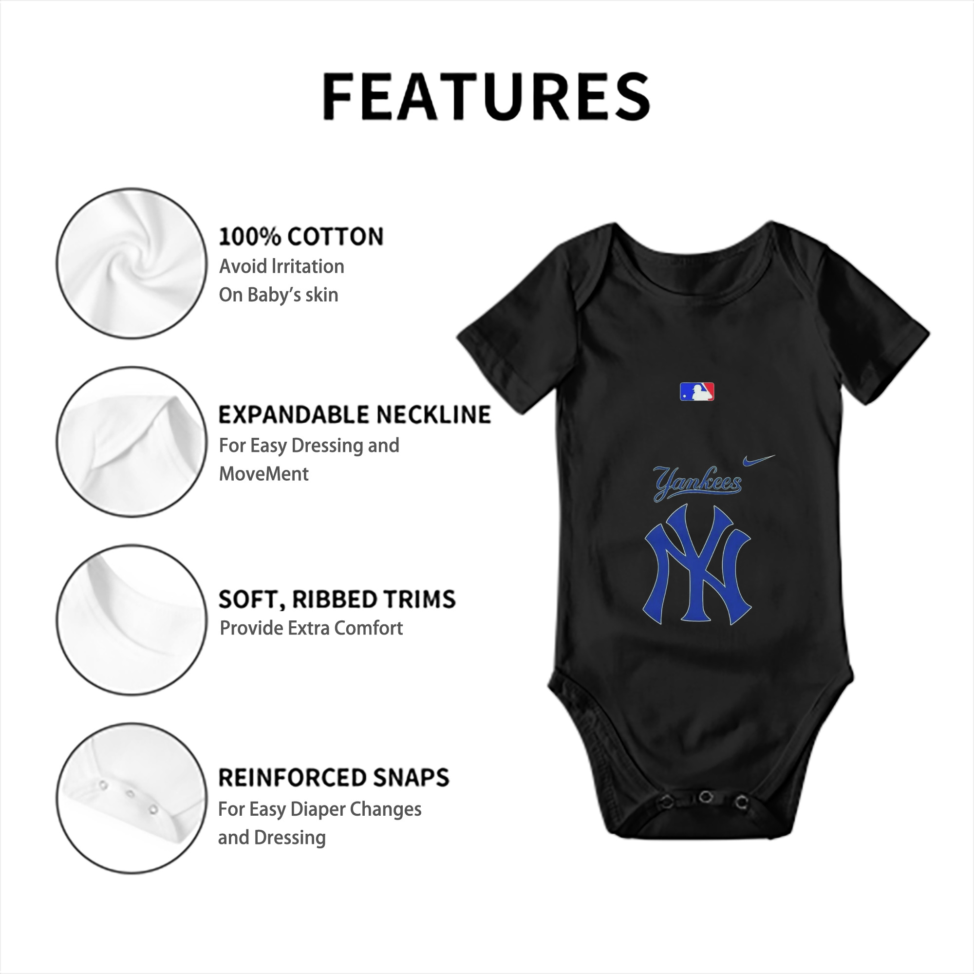 New York Yankees Blue Logo Baby Short Sleeve Romper – 100% Cotton Soft & Breathable Digital Print Onesie With Easy Snap Closure And Envelope Shoulder – Comfortable For Daily Wear & Travel