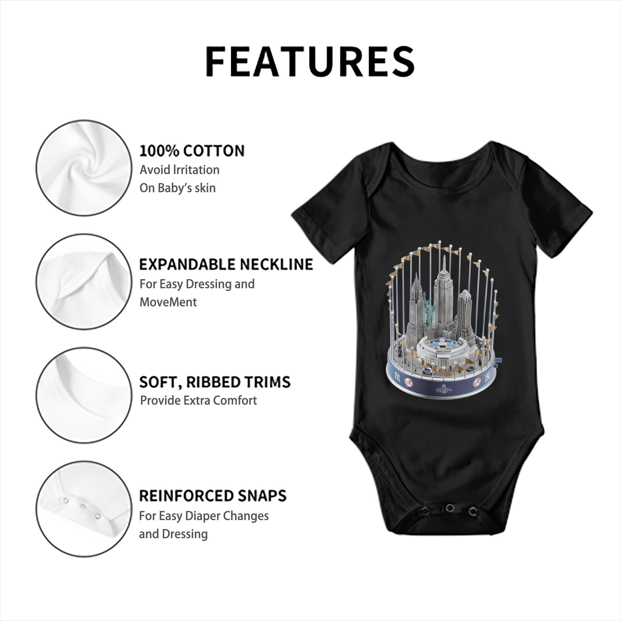 New York Yankees WS Champions Cup Baby Short Sleeve Romper – 100% Cotton Soft & Breathable Digital Print Onesie With Easy Snap Closure And Envelope Shoulder – Comfortable For Daily Wear & Travel