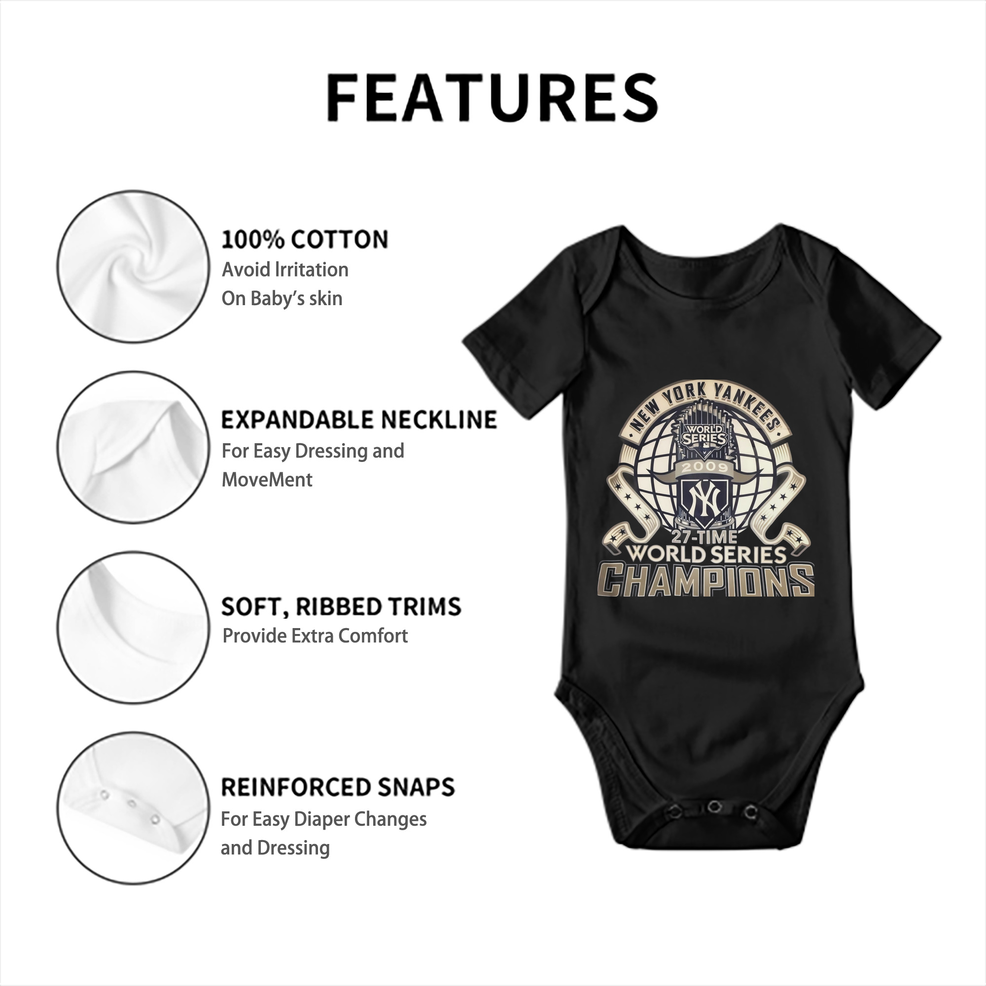 New York Yankees 2009 27th WS Champions Golden Baby Short Sleeve Romper – 100% Cotton Soft & Breathable Digital Print Onesie With Easy Snap Closure And Envelope Shoulder – Comfortable For Daily Wear & Travel