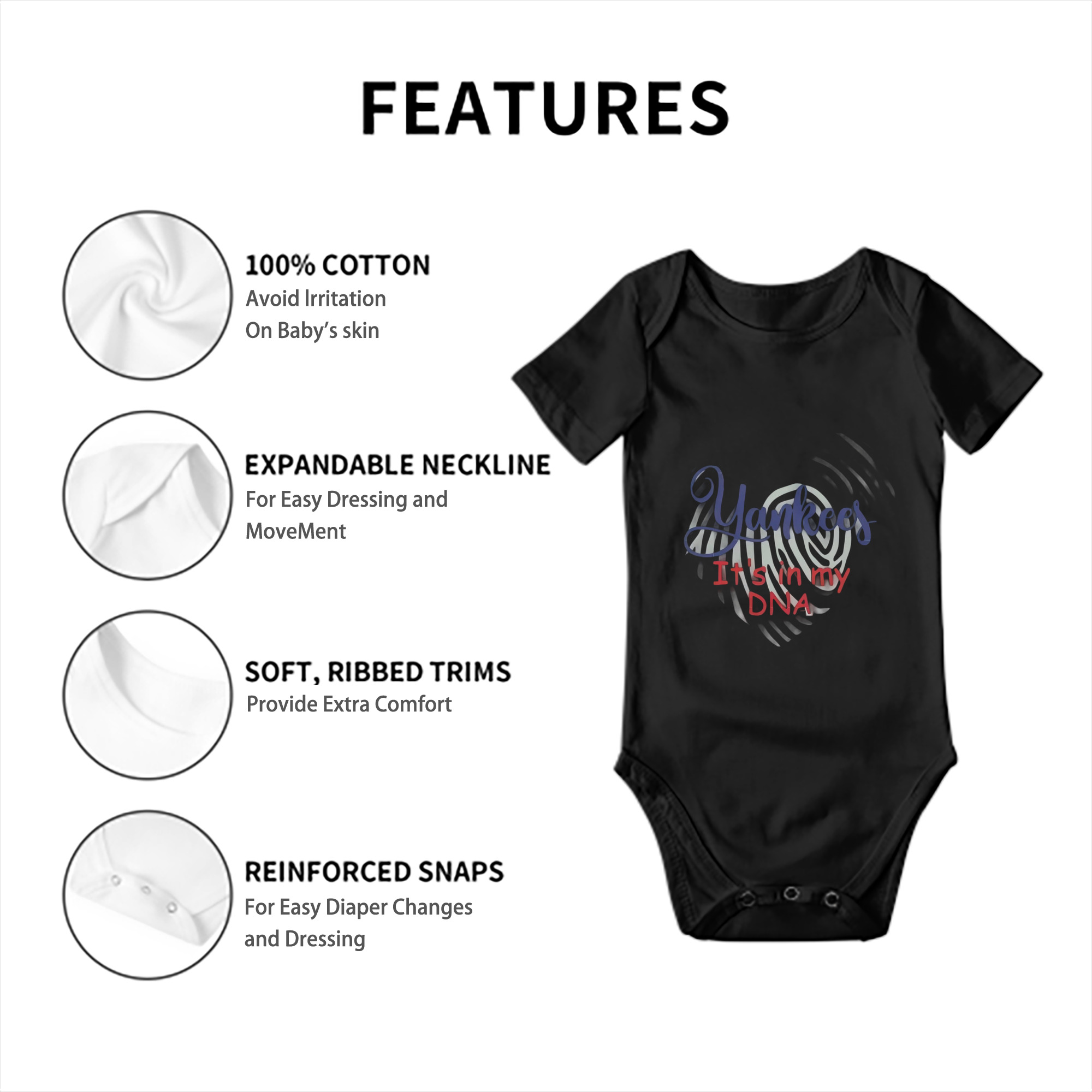 New York Yankees It's In My DNA Baby Short Sleeve Romper – 100% Cotton Soft & Breathable Digital Print Onesie With Easy Snap Closure And Envelope Shoulder – Comfortable For Daily Wear & Travel