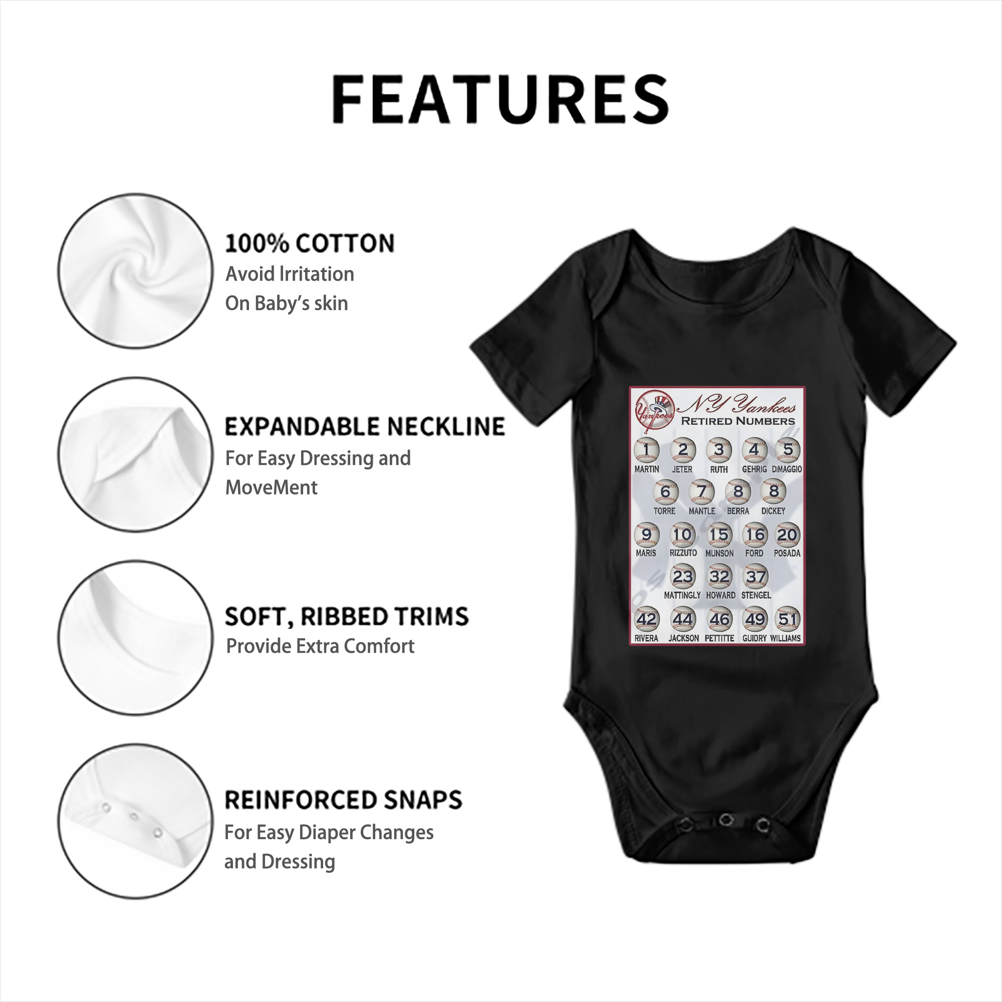 New York Yankees Retired Numbers Baby Short Sleeve Romper – 100% Cotton Soft & Breathable Digital Print Onesie With Easy Snap Closure And Envelope Shoulder – Comfortable For Daily Wear & Travel