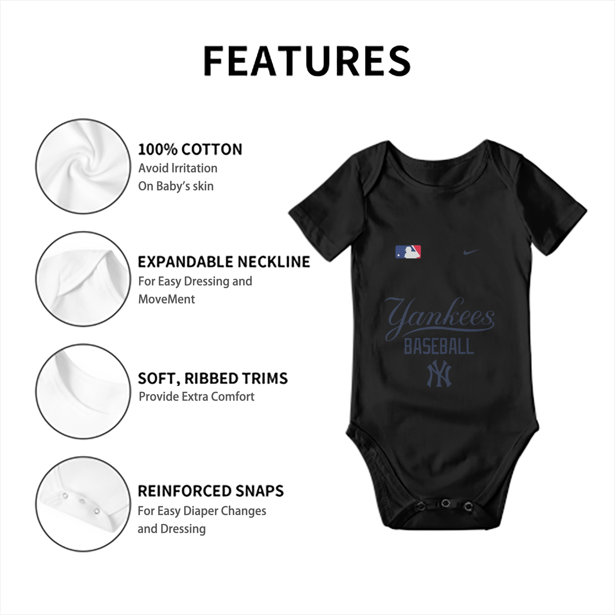 New York Yankees Baseball Baby Short Sleeve Romper – 100% Cotton Soft & Breathable Digital Print Onesie With Easy Snap Closure And Envelope Shoulder – Comfortable For Daily Wear & Travel