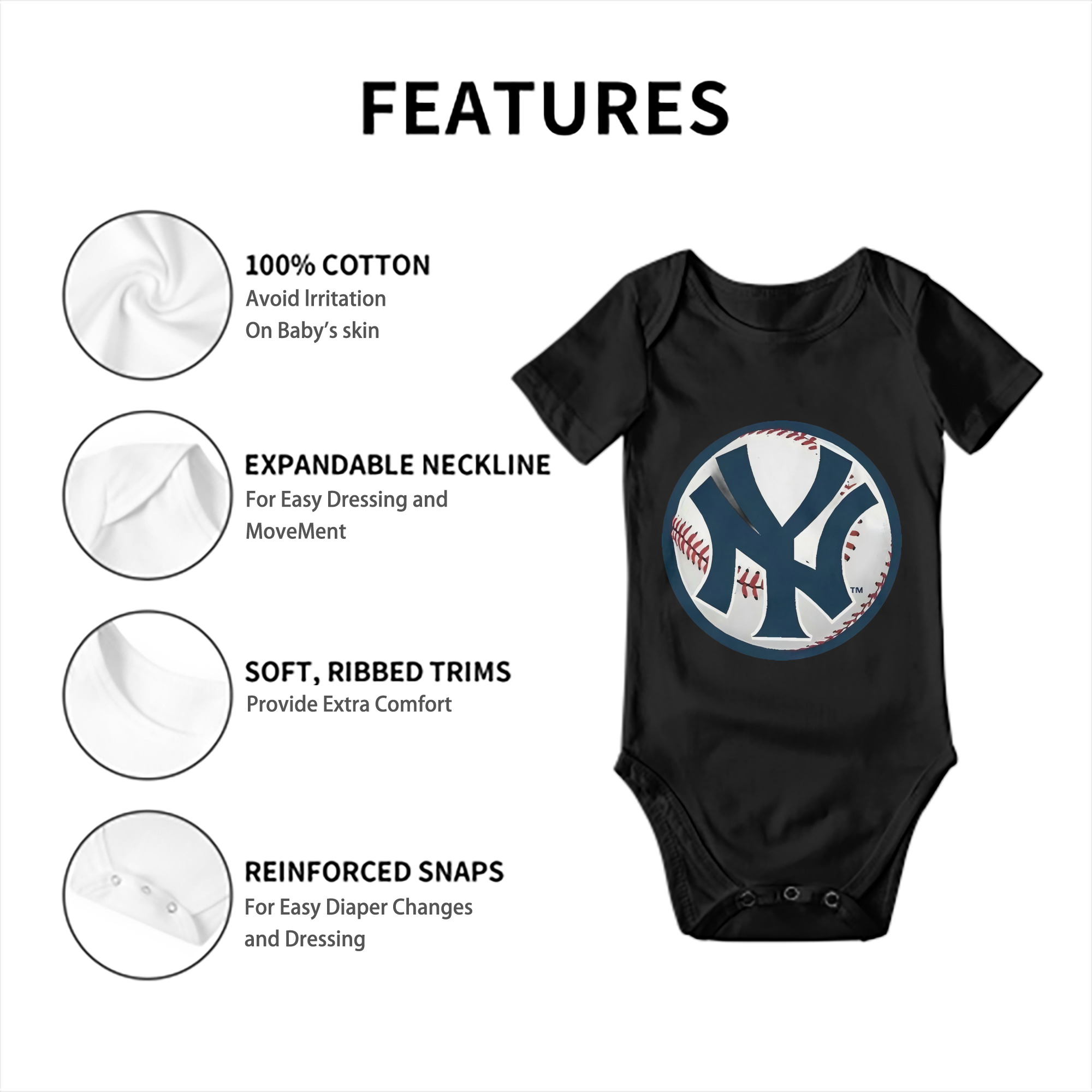 New York Yankees Baseball Baby Short Sleeve Romper – 100% Cotton Soft & Breathable Digital Print Onesie With Easy Snap Closure And Envelope Shoulder – Comfortable For Daily Wear & Travel