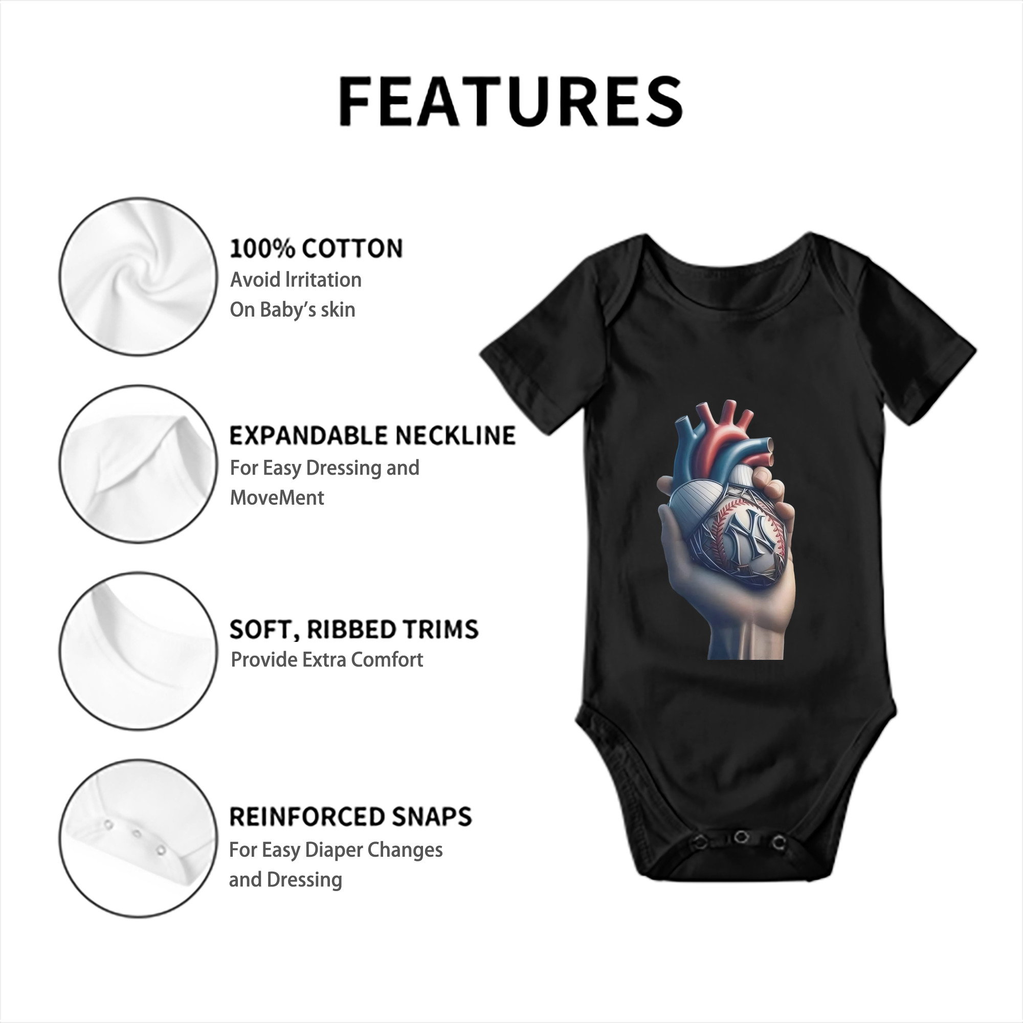 New York Yankees Heart Baby Short Sleeve Romper – 100% Cotton Soft & Breathable Digital Print Onesie With Easy Snap Closure And Envelope Shoulder – Comfortable For Daily Wear & Travel