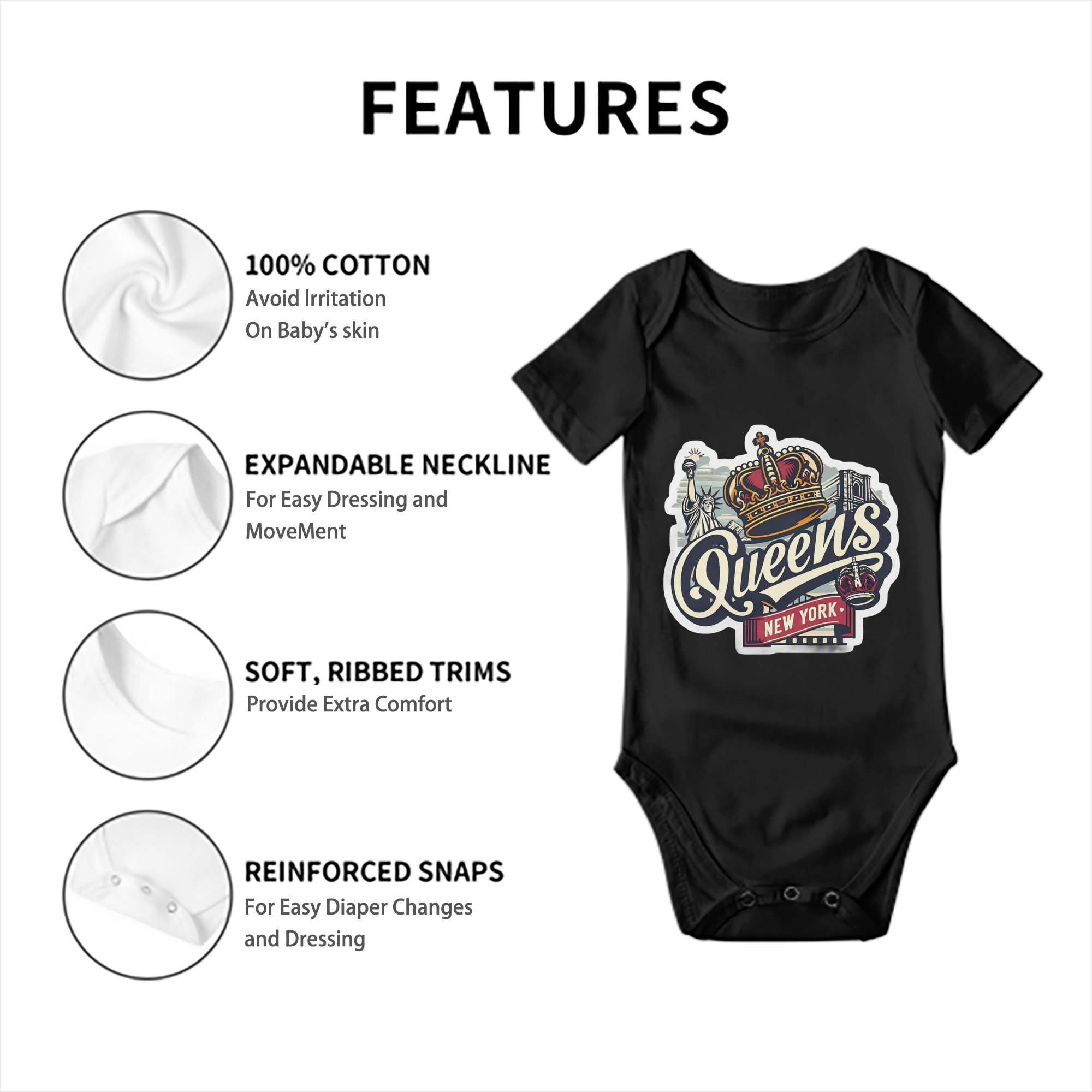 New York Yankees New York Queens Baby Short Sleeve Romper – 100% Cotton Soft & Breathable Digital Print Onesie With Easy Snap Closure And Envelope Shoulder – Comfortable For Daily Wear & Travel