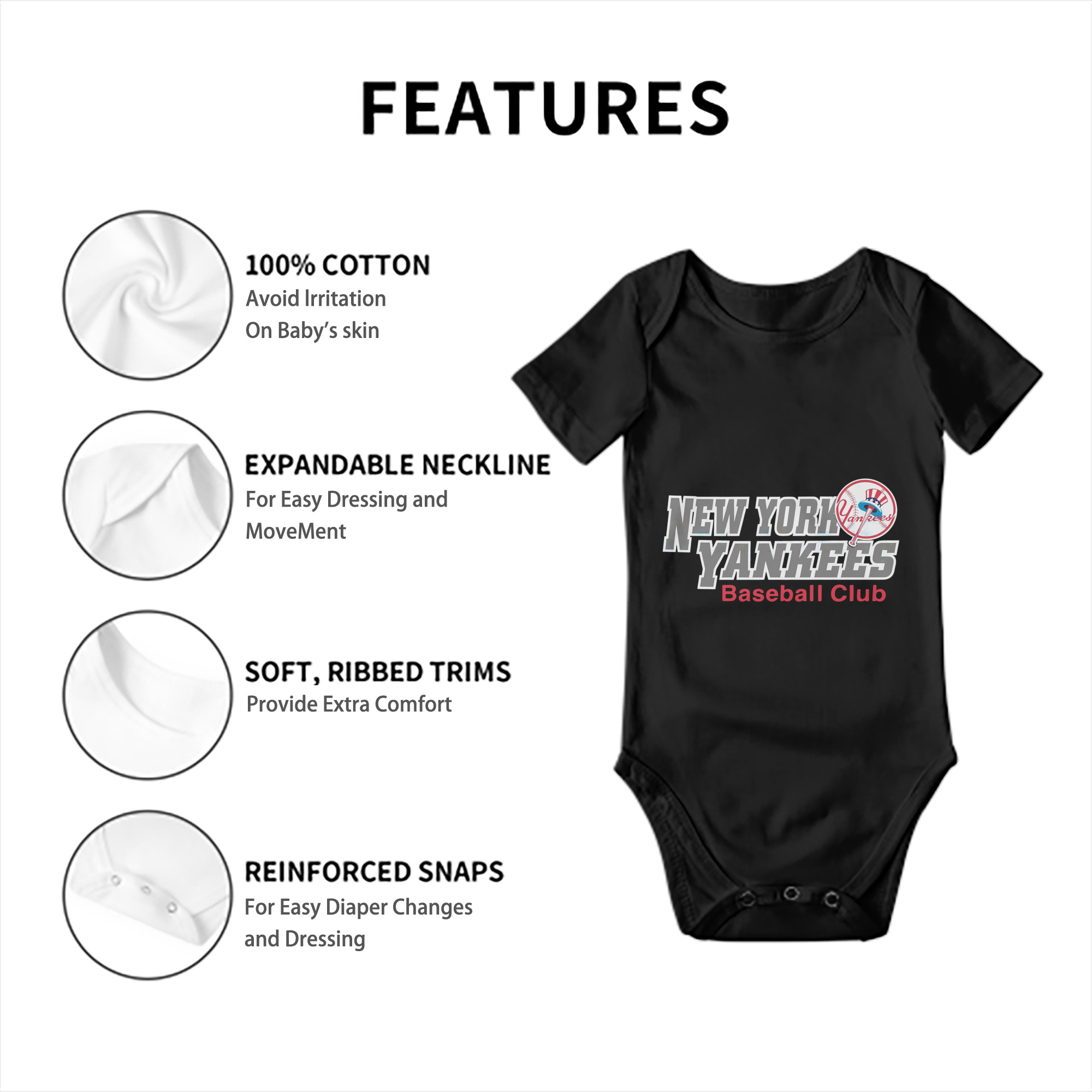 New York Yankees Baseball Club Baby Short Sleeve Romper – 100% Cotton Soft & Breathable Digital Print Onesie With Easy Snap Closure And Envelope Shoulder – Comfortable For Daily Wear & Travel
