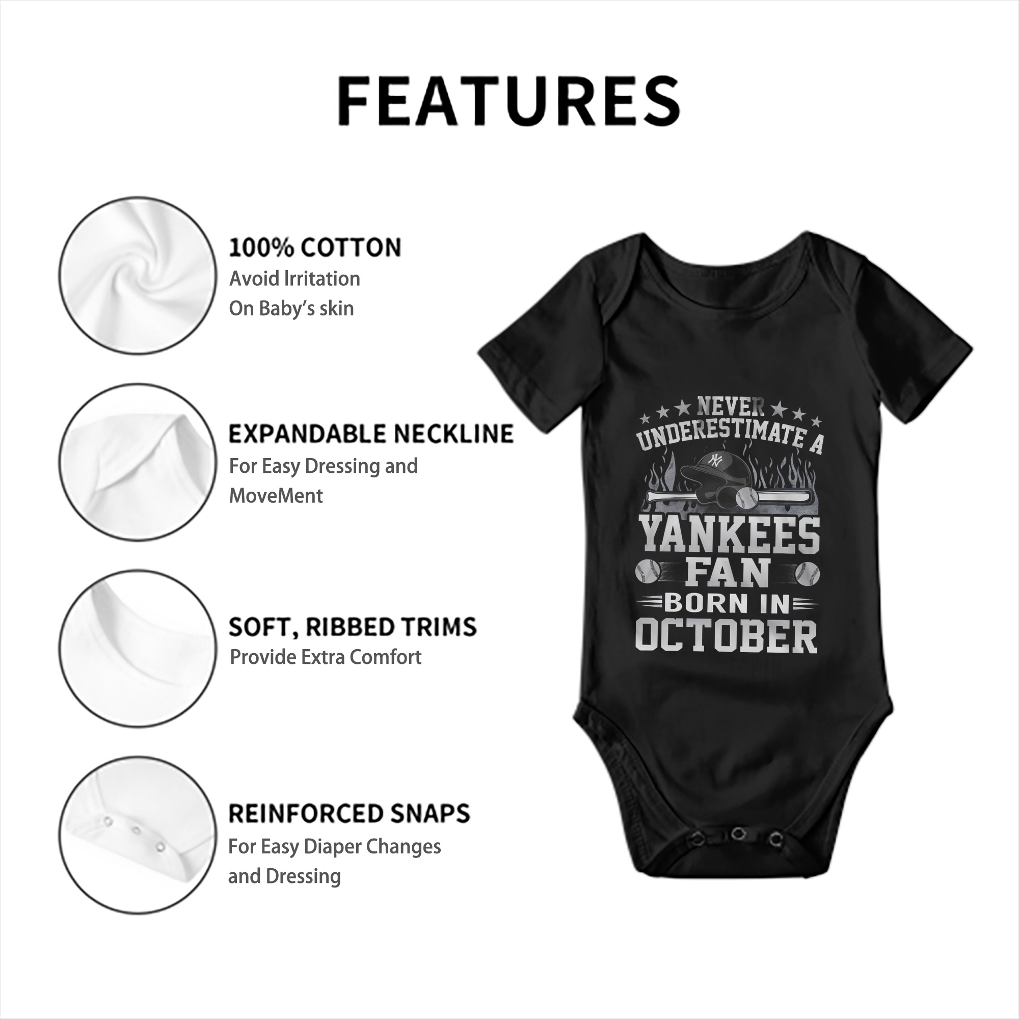 New York Yankees Never Underestimate A Yankees Fan Born in October Baby Short Sleeve Romper – 100% Cotton Soft & Breathable Digital Print Onesie With Easy Snap Closure And Envelope Shoulder – Comfortable For Daily Wear & Travel