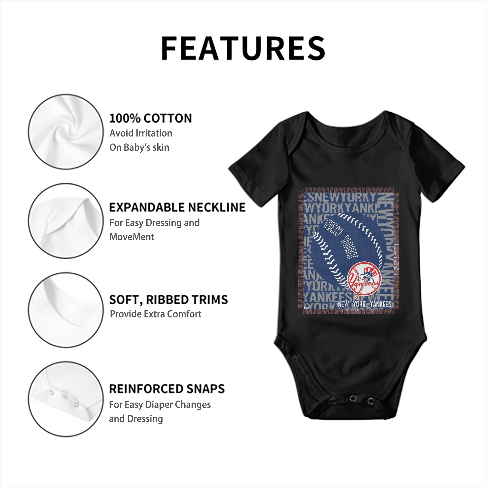 New York Yankees 65 Baby Short Sleeve Romper – 100% Cotton Soft & Breathable Digital Print Onesie With Easy Snap Closure And Envelope Shoulder – Comfortable For Daily Wear & Travel
